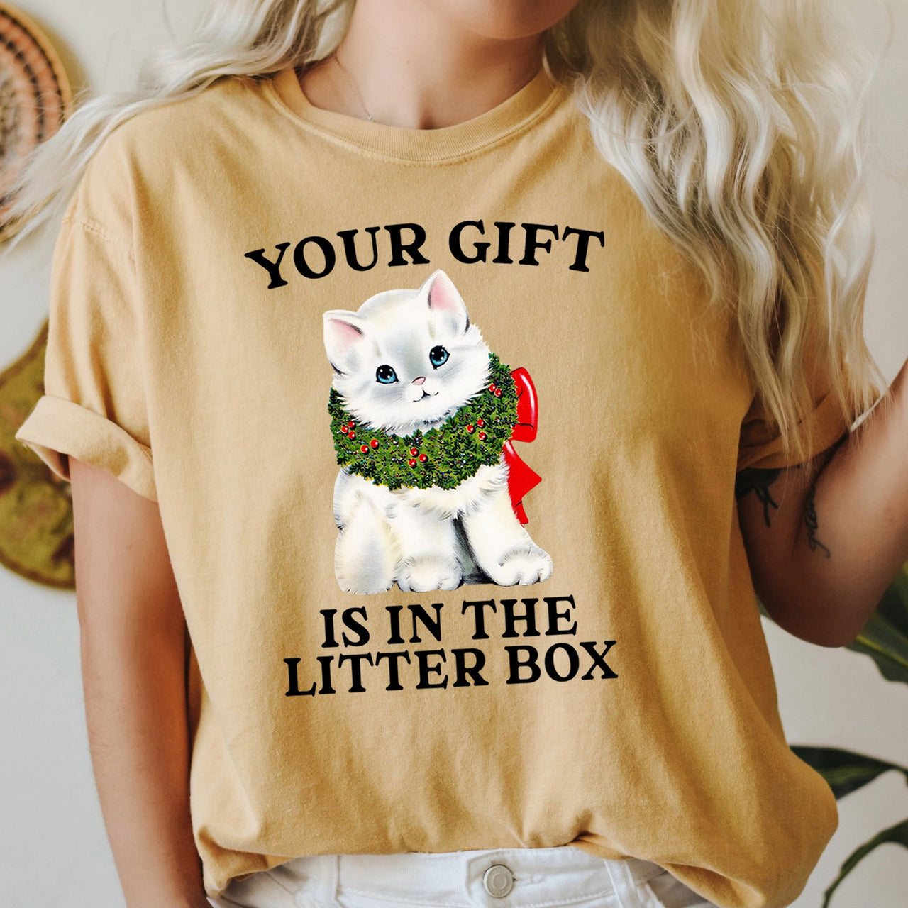 Your Gift Is In The Litter Box Cat Christmas Naughty Holiday Humor Comfort Colors Tee