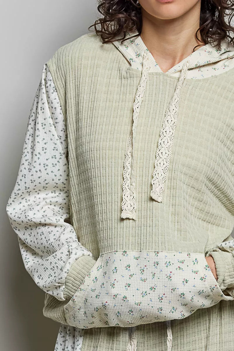 POL Mixed Knit Contrast Print Sleeve Hoodie with Kangaroo Pocket
