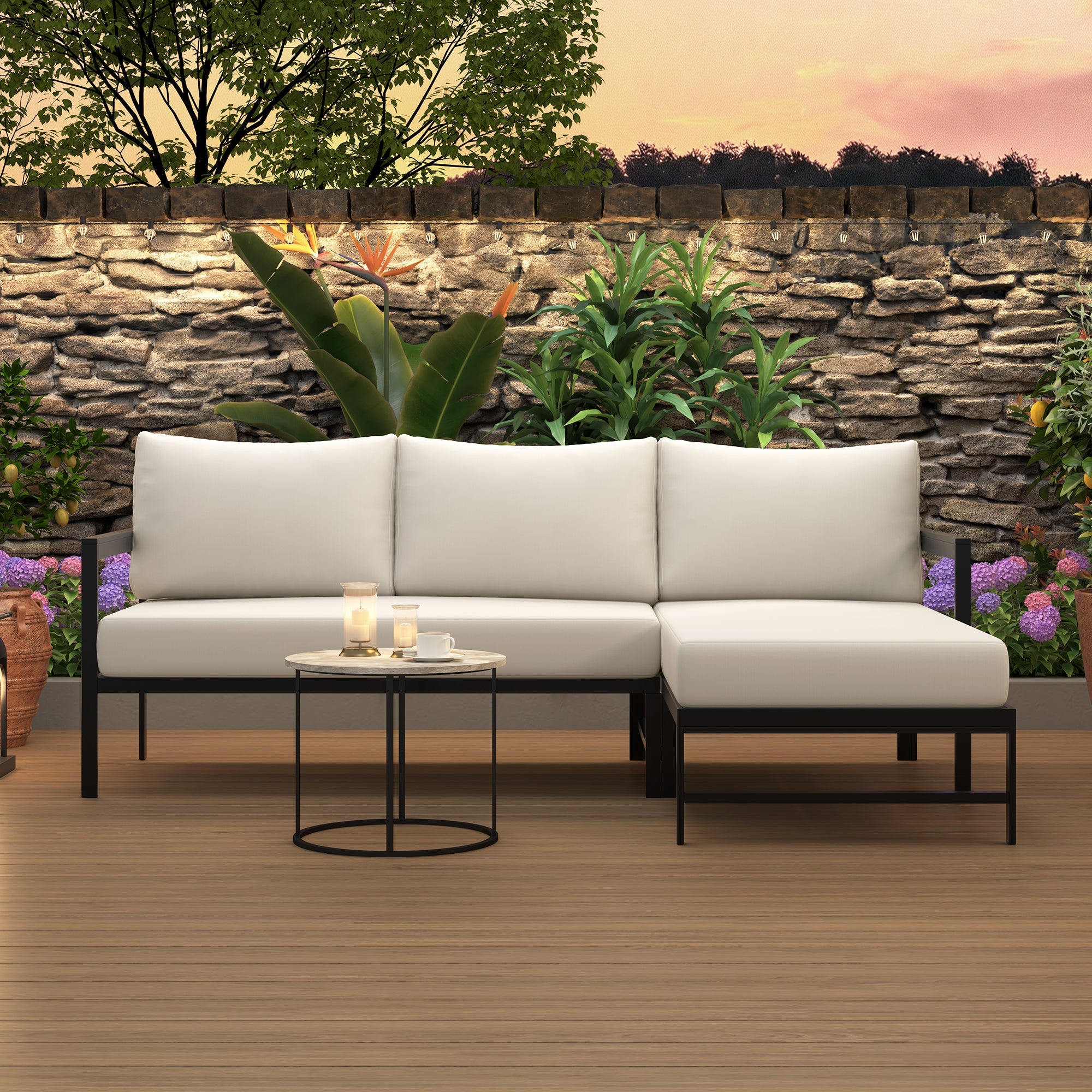 U_style Outdoor L-Shaped Sofa with Iron Frame,Weather-Resistant Patio Sofa Set with Ultra-Thick Cushions,Comfortable Seating for 3,Ideal for Patio, Balcony,and Garden
