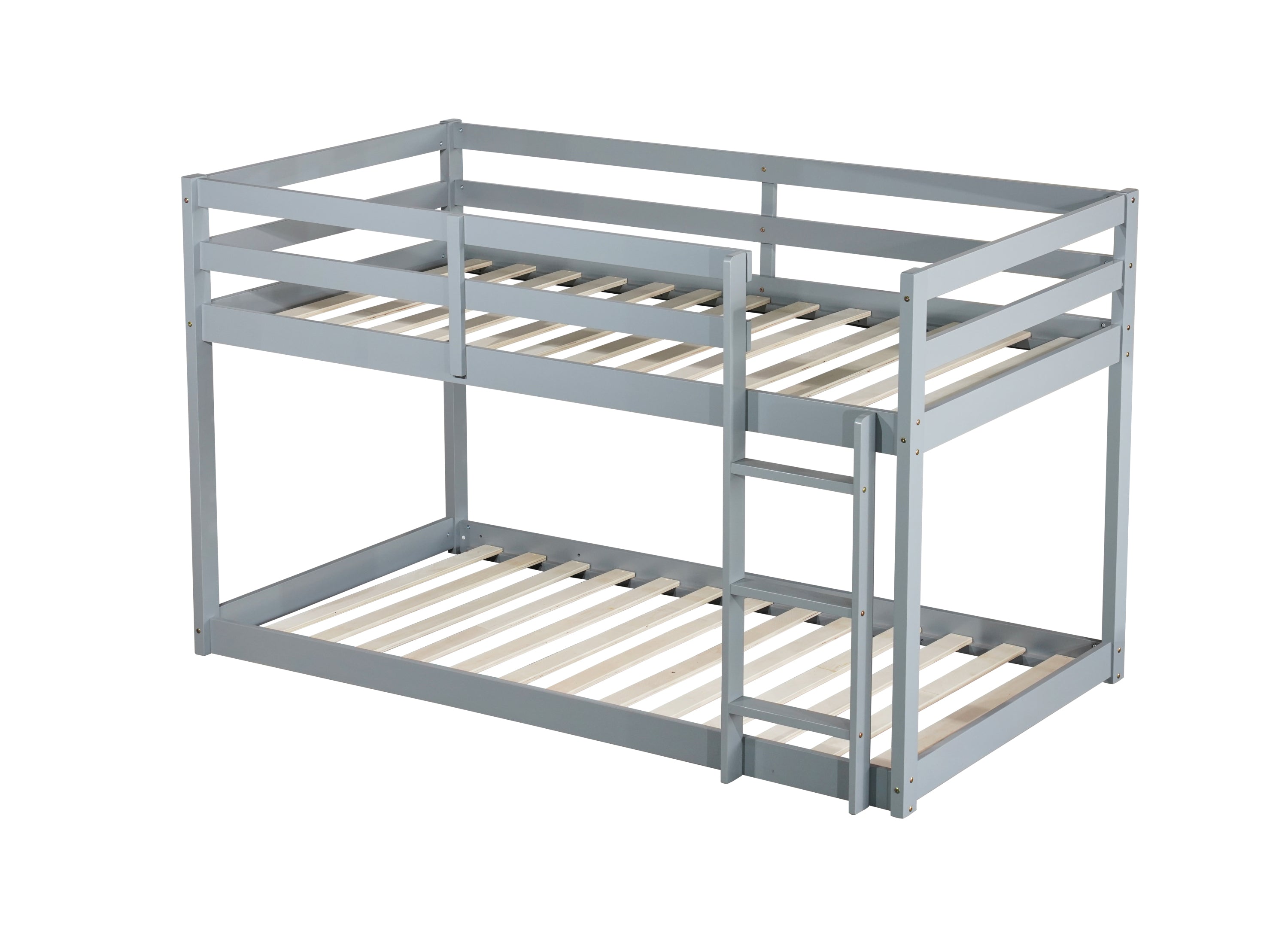Solid Wooden , Solid Rubber Wooden Twin over Twin Floor Bunk Bed with Ladder ,Upper and Bottom Bed Platforms crafted with Strengthened Slats ,Grey