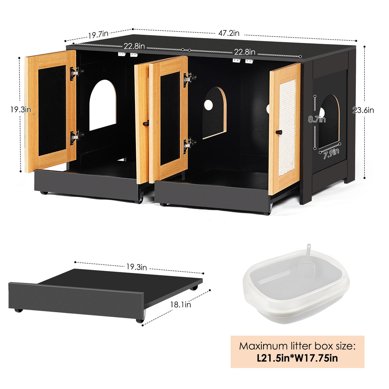 Modern Black Double Litter Box Enclosure with Rattan Doors for Two Cats, 47' L x 19.8' W x 21.8' H