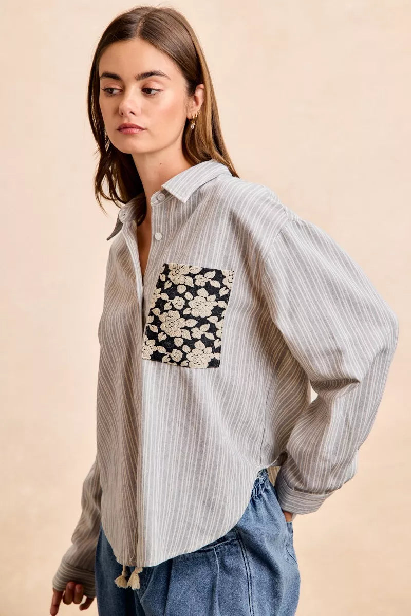 BiBi Flower Jacquard Knit Patch Pocket Stripe Shirt