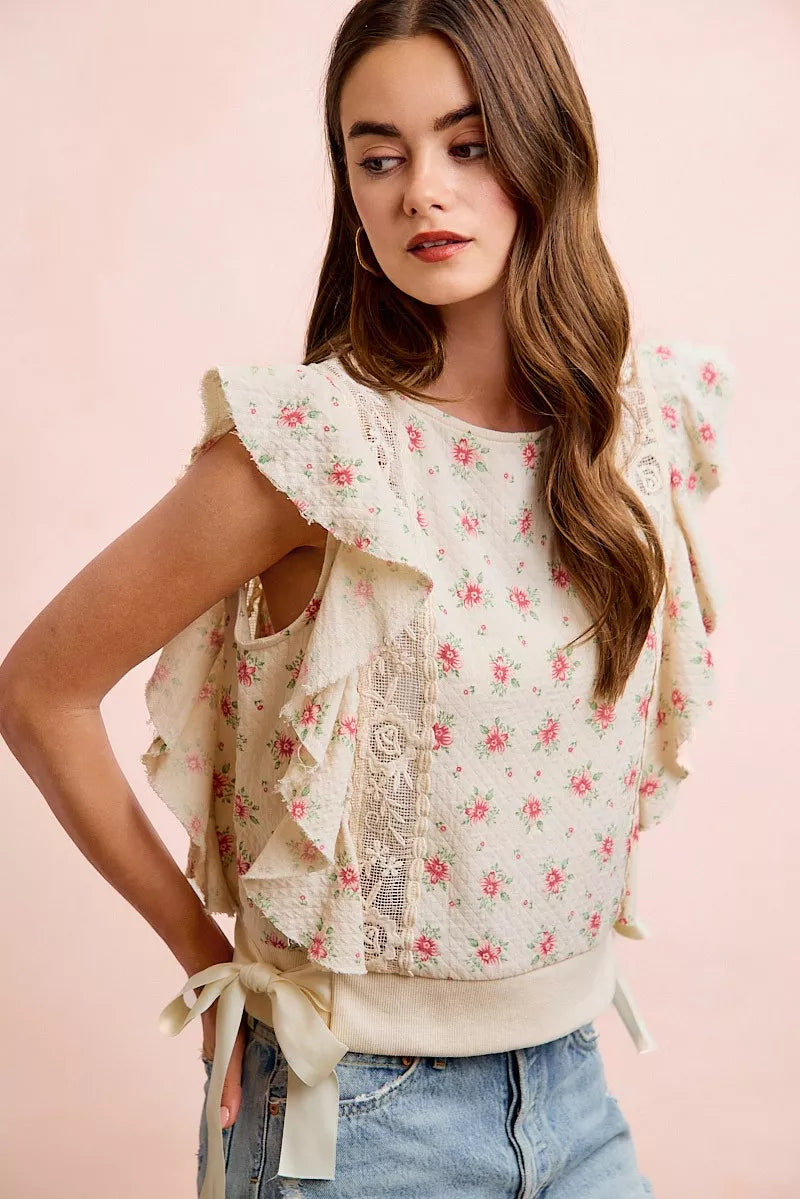 BiBi Flower Printed Ruffle Sleeve Trim Detail Top