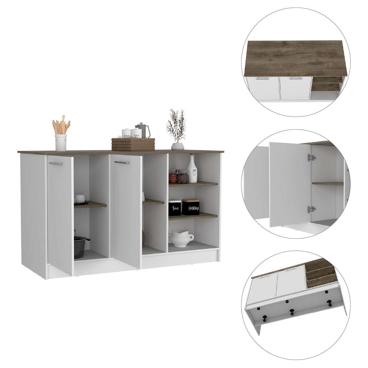 Kitchen Island Two Cabinets, Three Open Shelves, White / Dark Brown