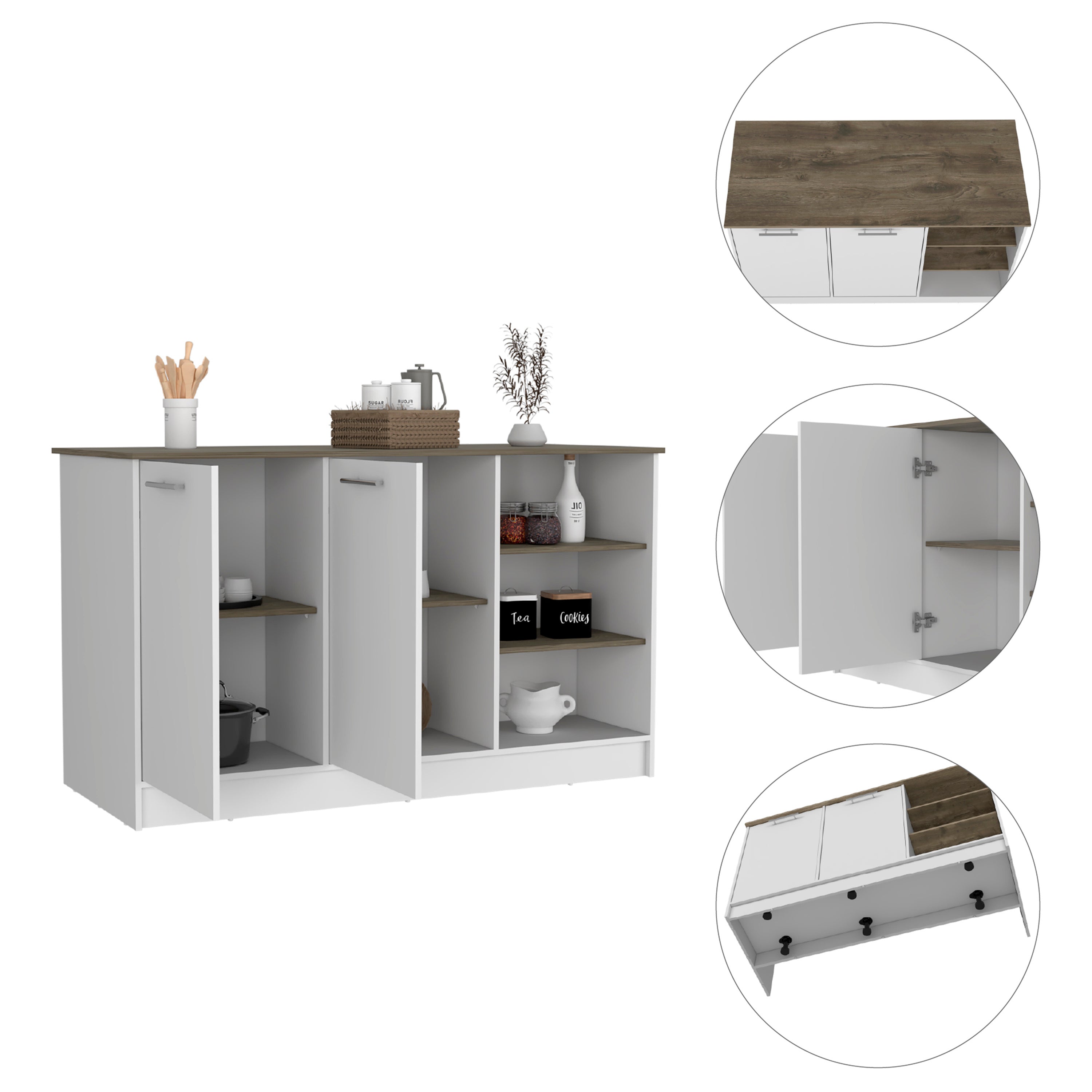 Kitchen Island Two Cabinets, Three Open Shelves, White / Dark Brown