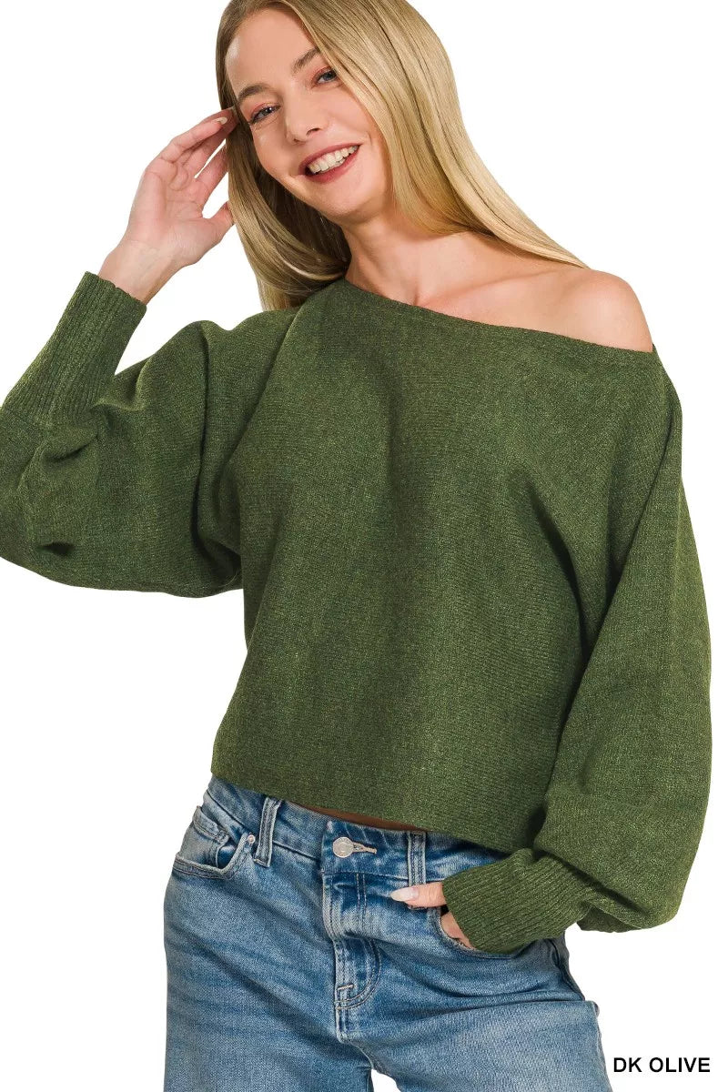 Zenana Boat Neck Balloon Sleeve Sweater