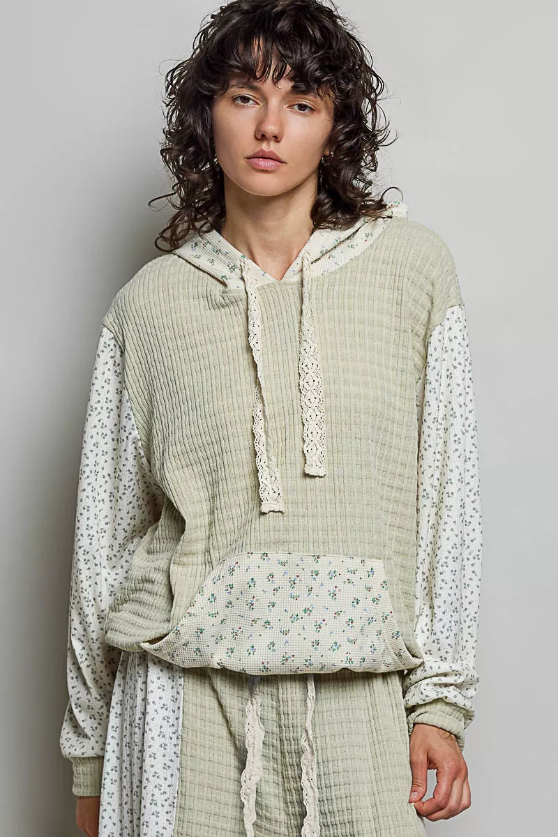 POL Mixed Knit Contrast Print Sleeve Hoodie with Kangaroo Pocket