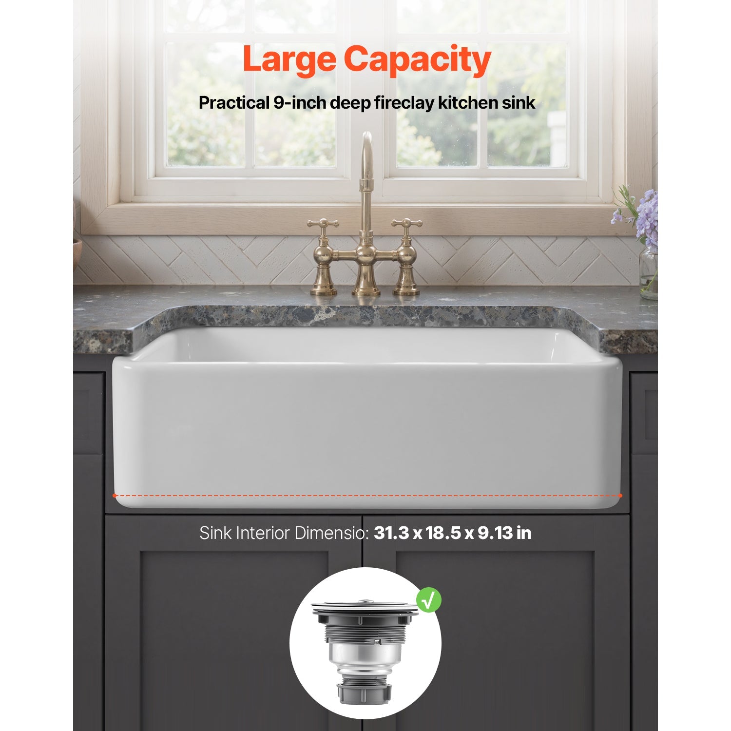 33.5x20 in Farmhouse Sink Undermount Kitchen Single Bowl Basin Fireclay White