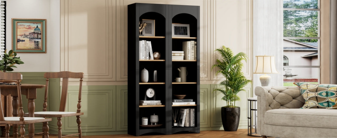 ON-TREND Free Standing 5 Tier Bookshelves, Bookcases Set of 2, Farmhouse Two-Tone Storage Cabinet with Adjustable Shelves, Modern 72'H Kitchen Pantry Cabinet for Living Room, Home Office, Black