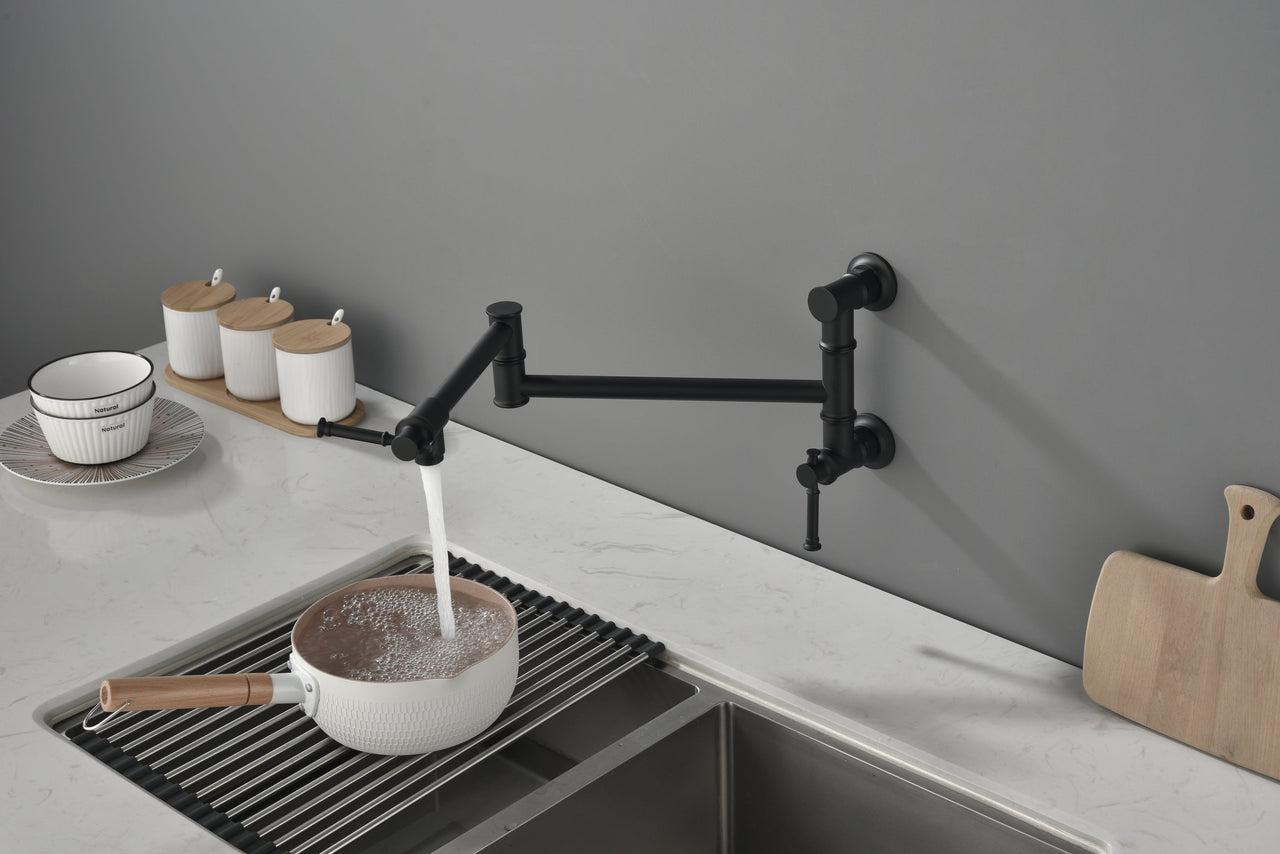 Wall mounted Pot Filler Faucet, Modern Brass Pot Filler Two-Attachment Wall Mount Folding Kitchen Pot Filler Swing Arm