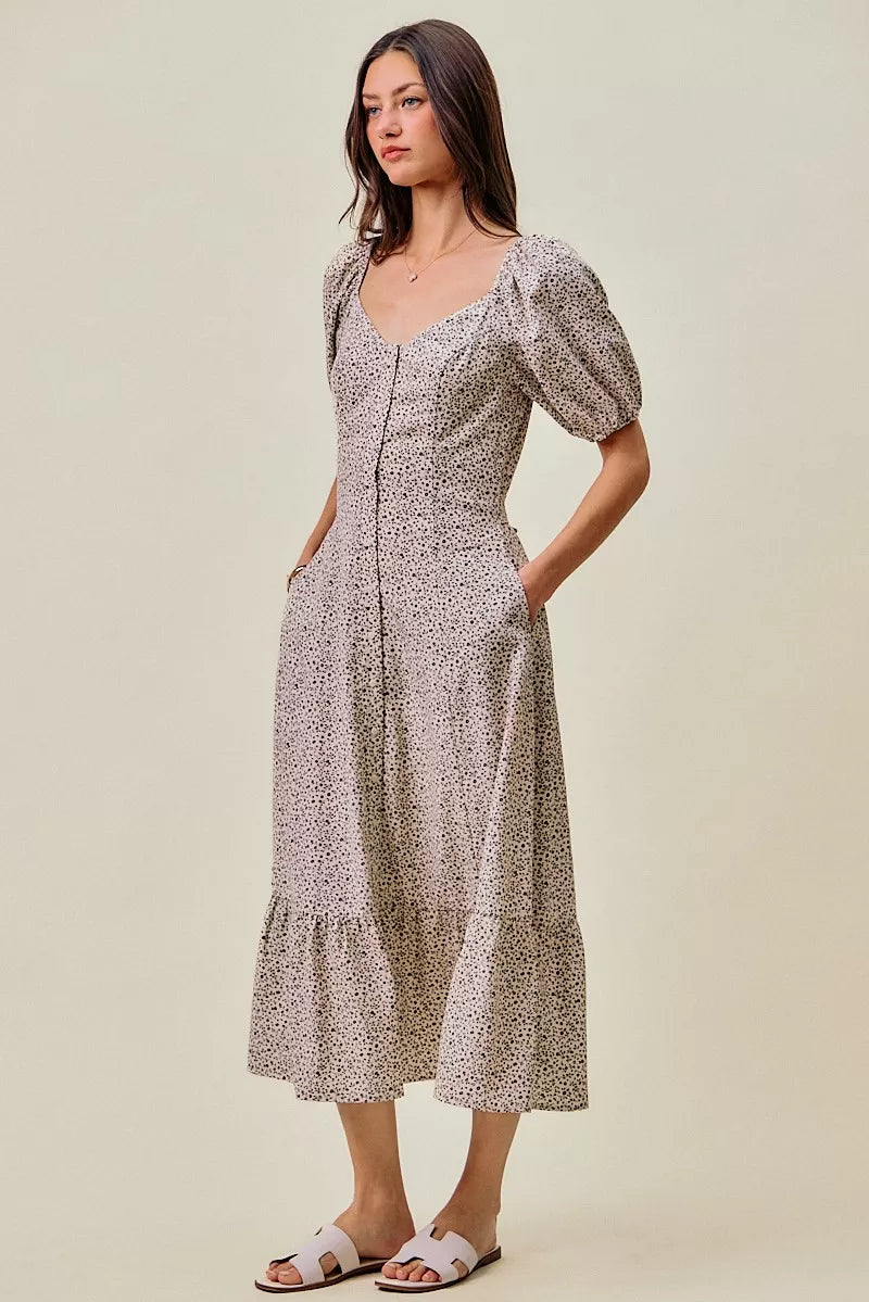SO ME Ditsy Floral Self Belt On Elastic Waist Maxi Dress