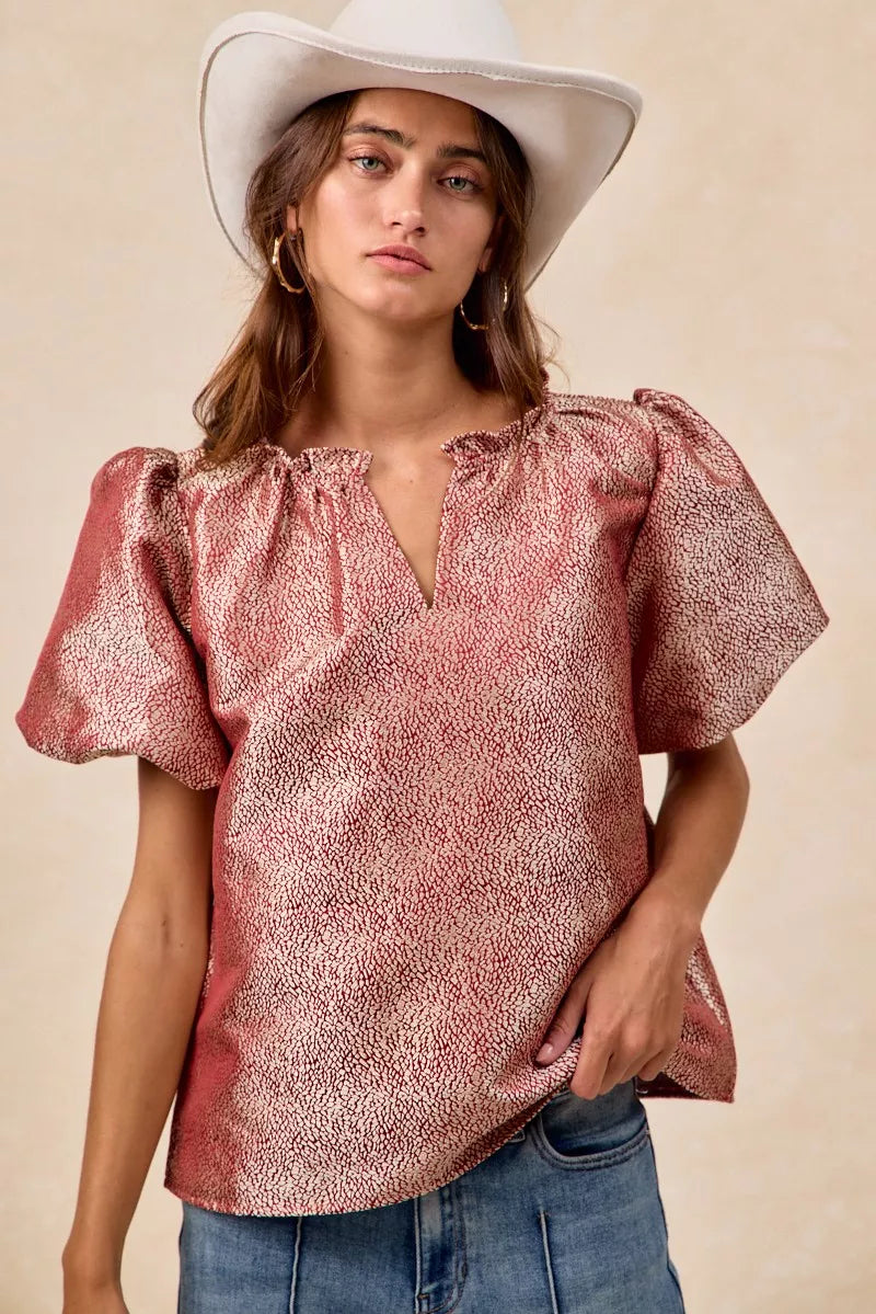 BiBi Jacquard Woven Short Balloon Sleeves V Neck Top