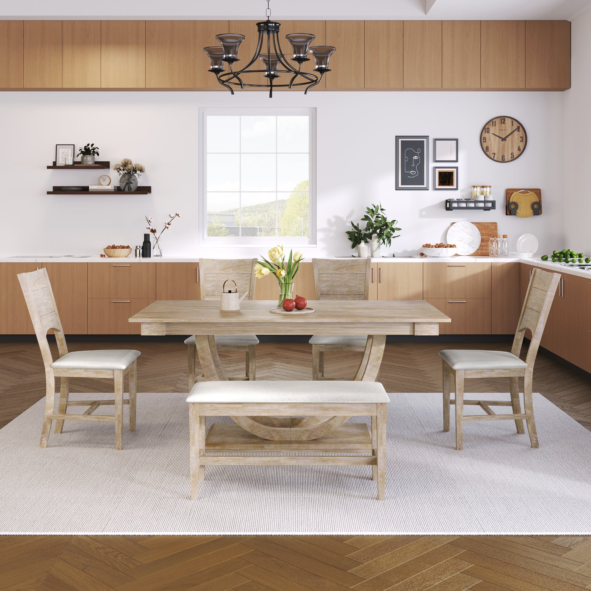 TOPMAX Modern Style Natural Wood 6-Piece Dining Table Set with Bench and Chairs, Upholstered Seats, Rubberwood Frame