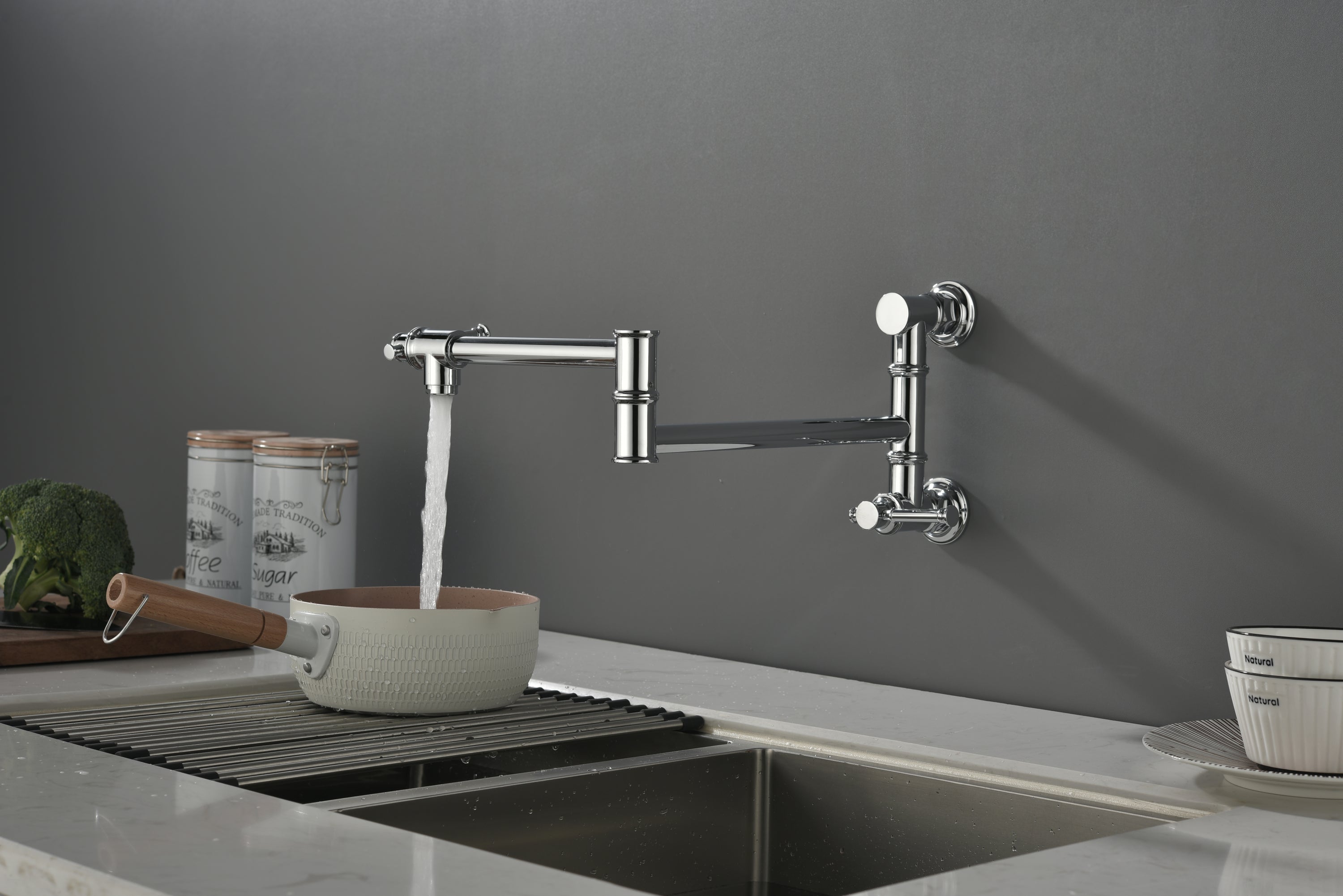 Wall mounted Pot Filler Faucet, Modern Brass Pot Filler Two-Attachment Wall Mount Folding Kitchen Pot Filler Swing Arm