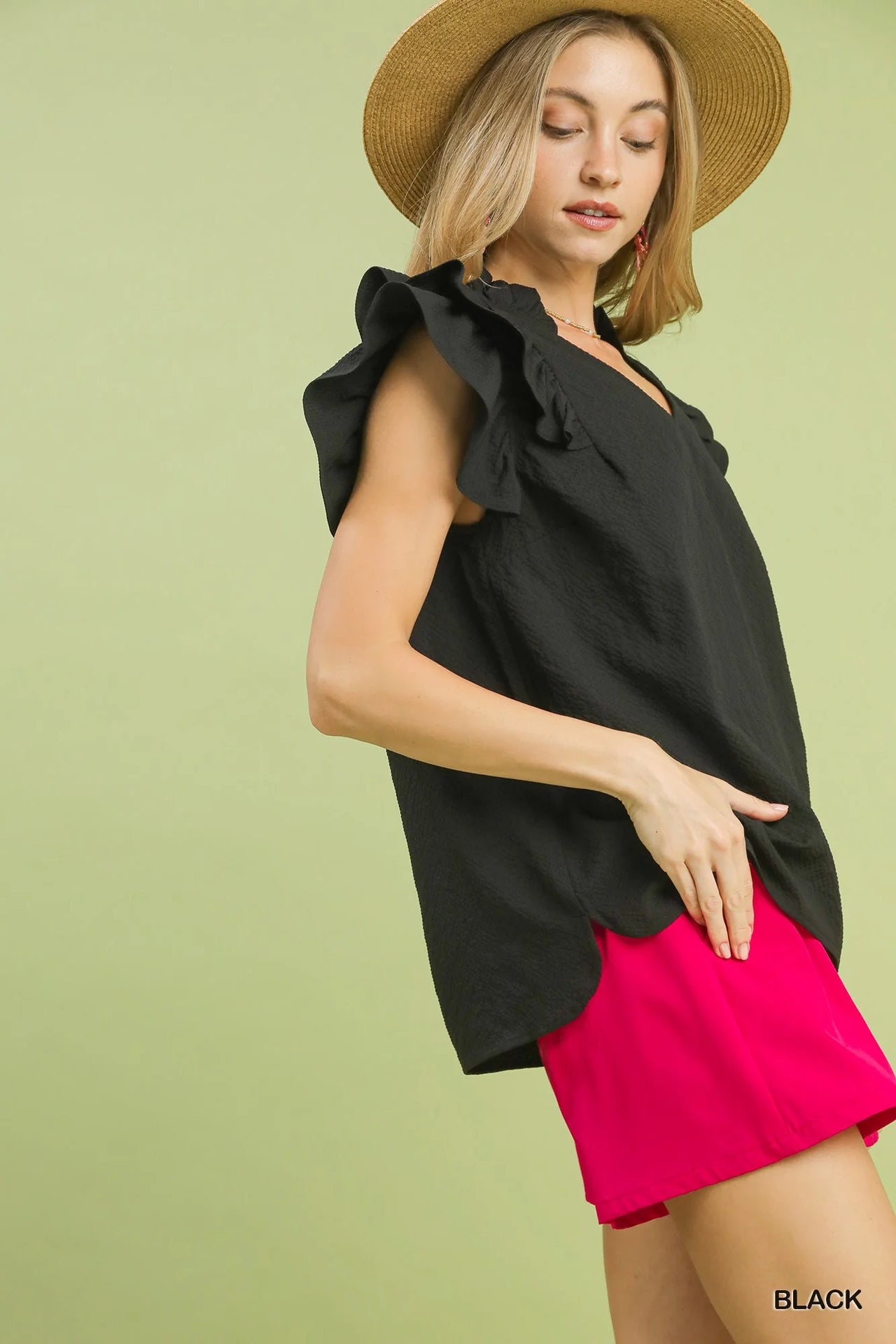 Umgee Textured Ruffle Sleeve V-Neck Blouse