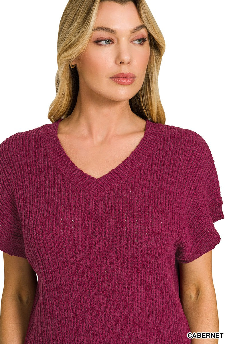 Zenana Textured Knit V-Neck Cropped Sweater