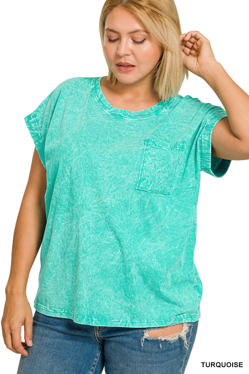 Zenana Full Size Crinkle Washed Round Neck Folded Short Sleeve Tee Plus Size