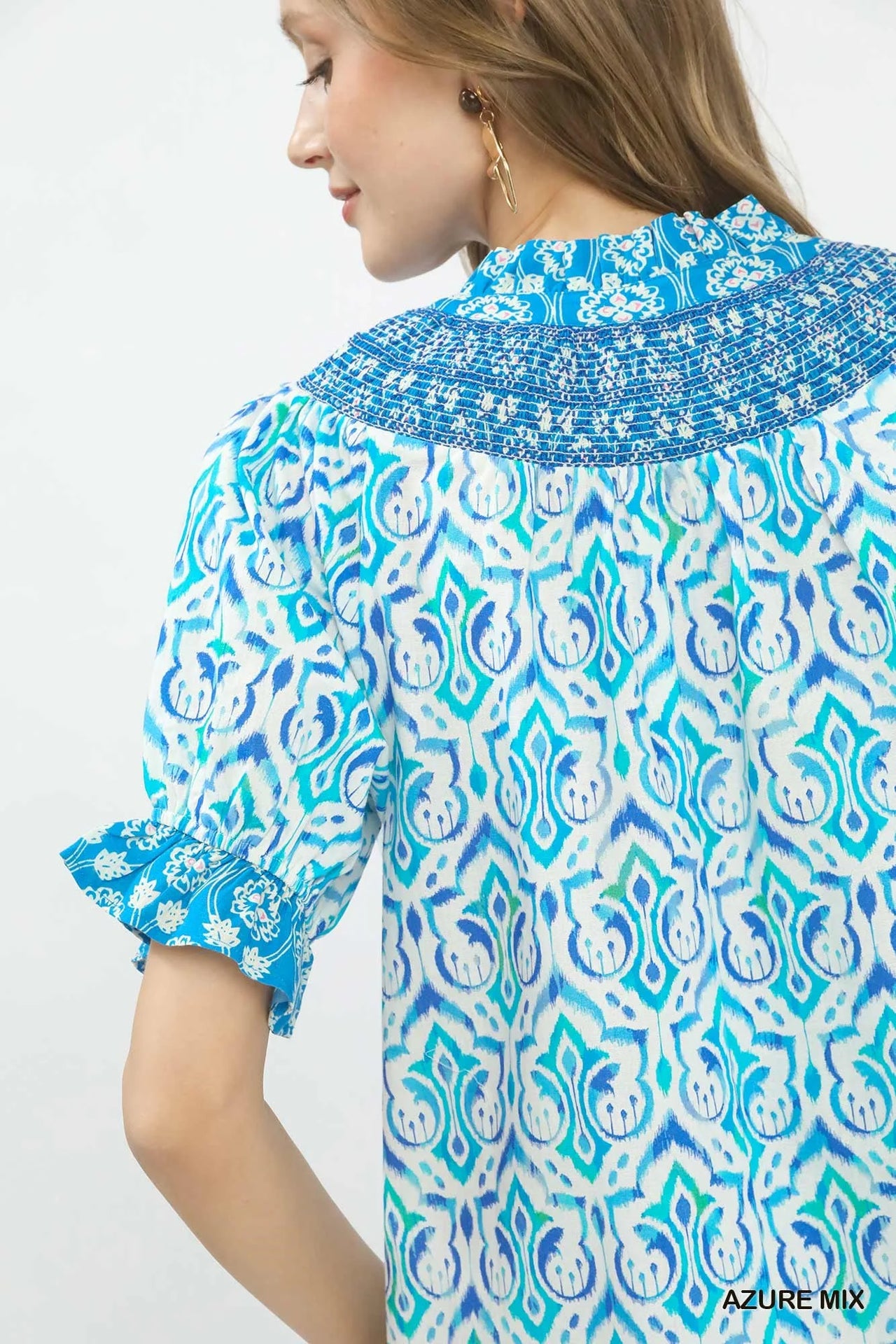 Umgee Mix Boho Puff Sleeve Smocked Top