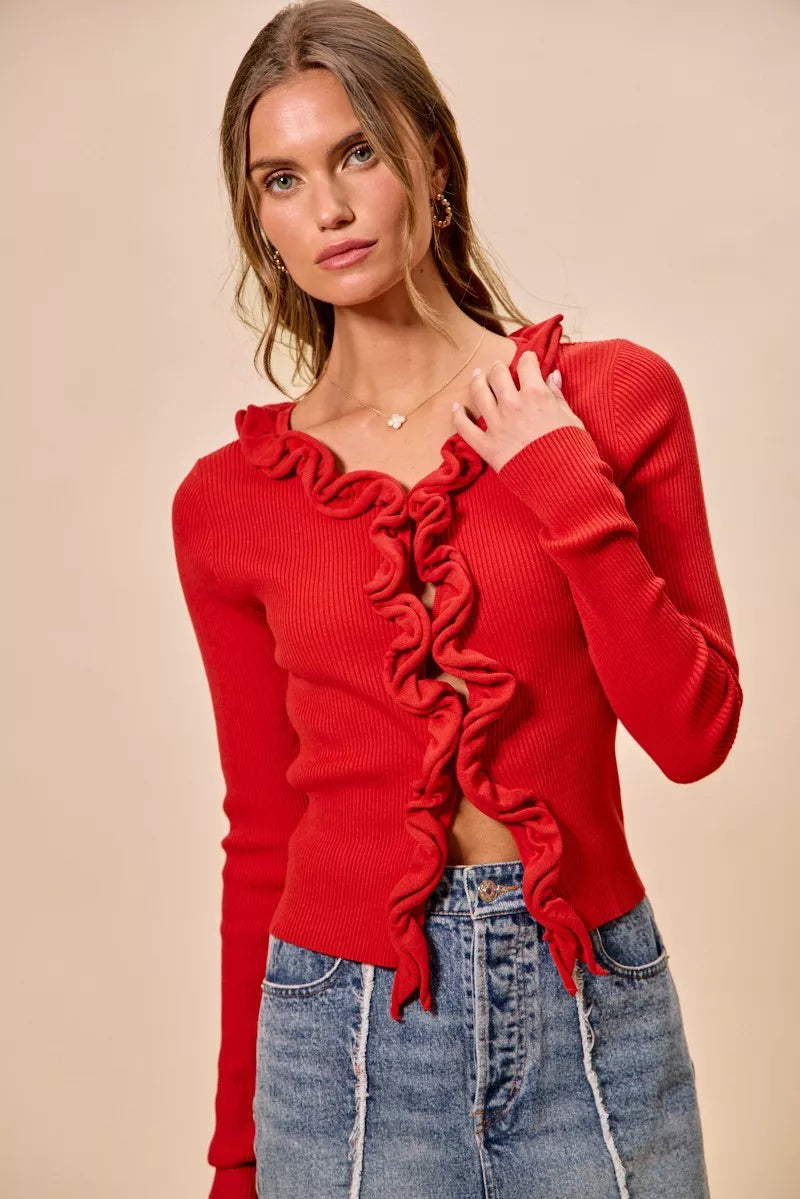 SO ME Cascade Ruffle Ribbed Sweater Cardgian
