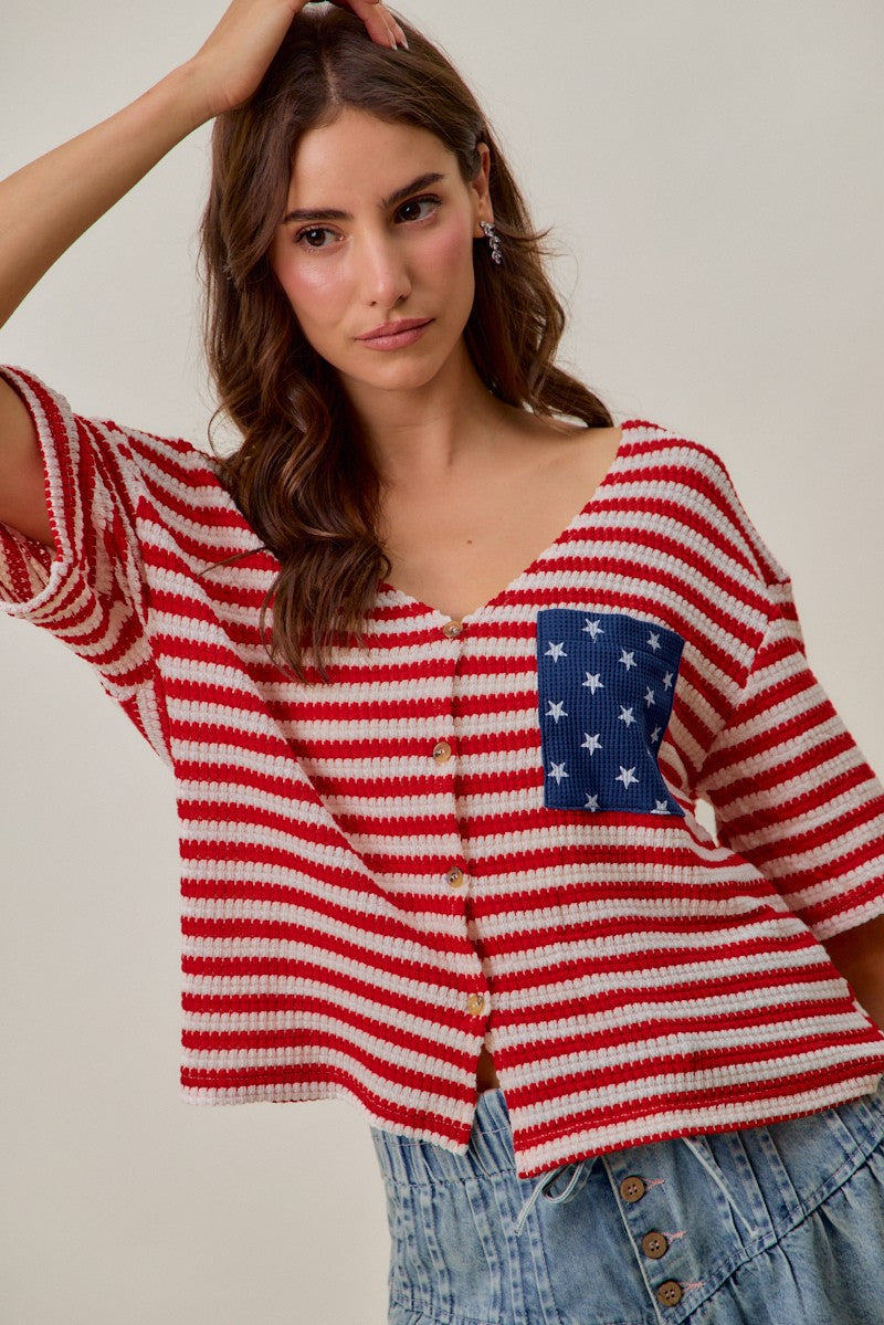SO ME Stripe Waffle Knit Fourth Of July Cardigan Top