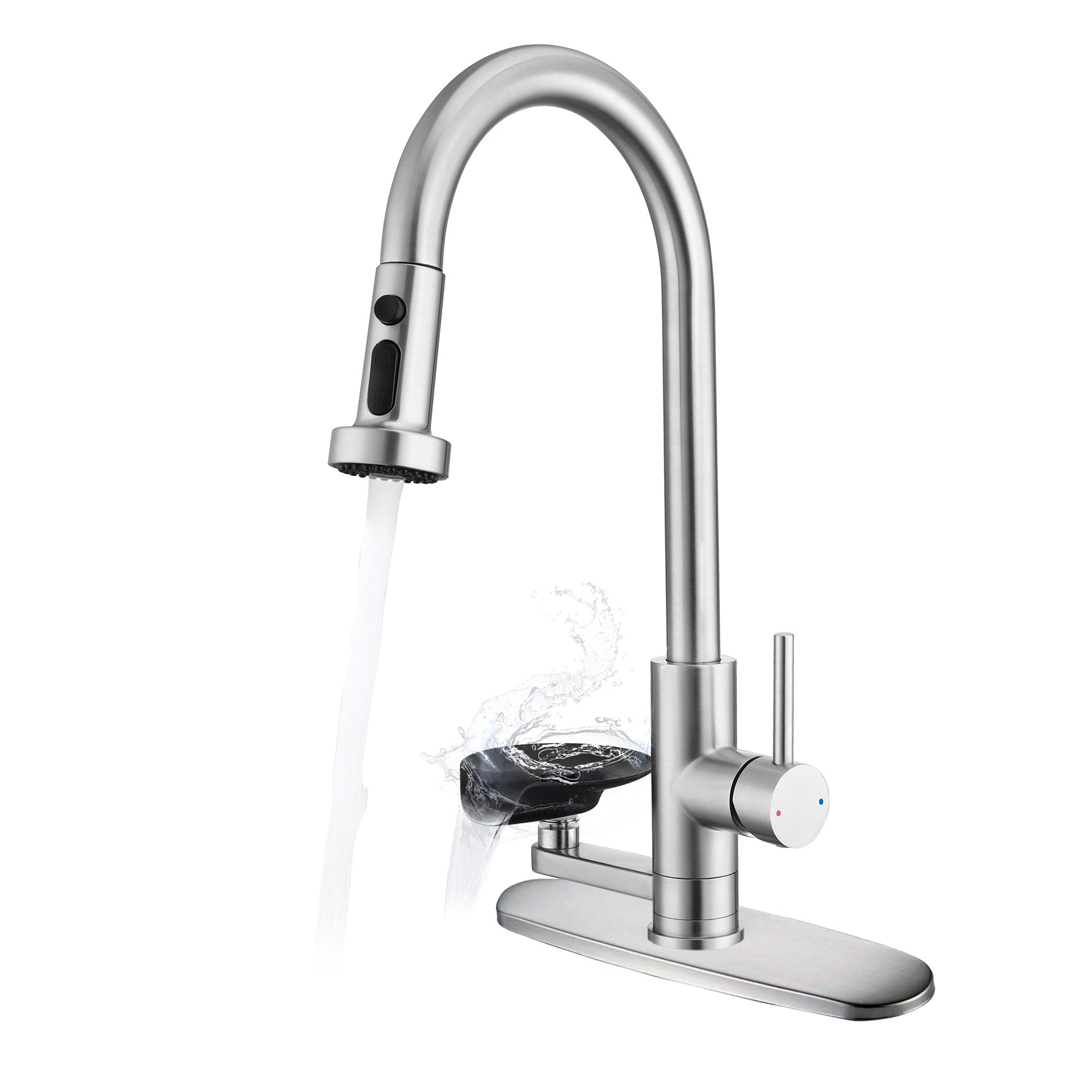 3-in-1 Kitchen Faucet with Press-Type Glass Rinser, High-Arc Pull-Down Sprayer, 3 Function Spray Mode, Brushed Nickel Finish, 9.44-Inch Spout Height, Stainless Steel & ABS Construction
