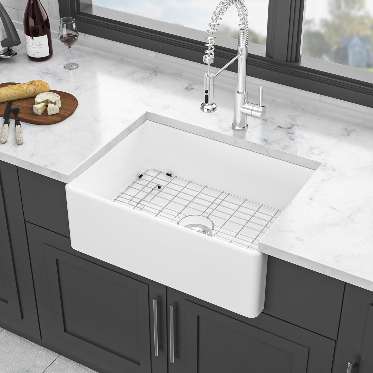 28 Inch White Farmhouse Sink Ceramic Single Bowl with Drain Assembly and Bottom Grid