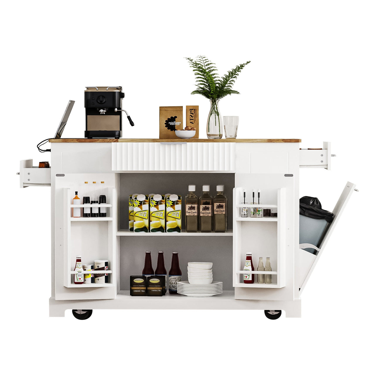 K&K Fluted Kitchen Island with Trash Can Storage Cabinet, Power Outlet, Internal Storage Rack, Rolling Kitchen Islands on 5 Wheels with 3 Drawer, 3 Open Side Racks for 10 Gallon Garbage Bin, White