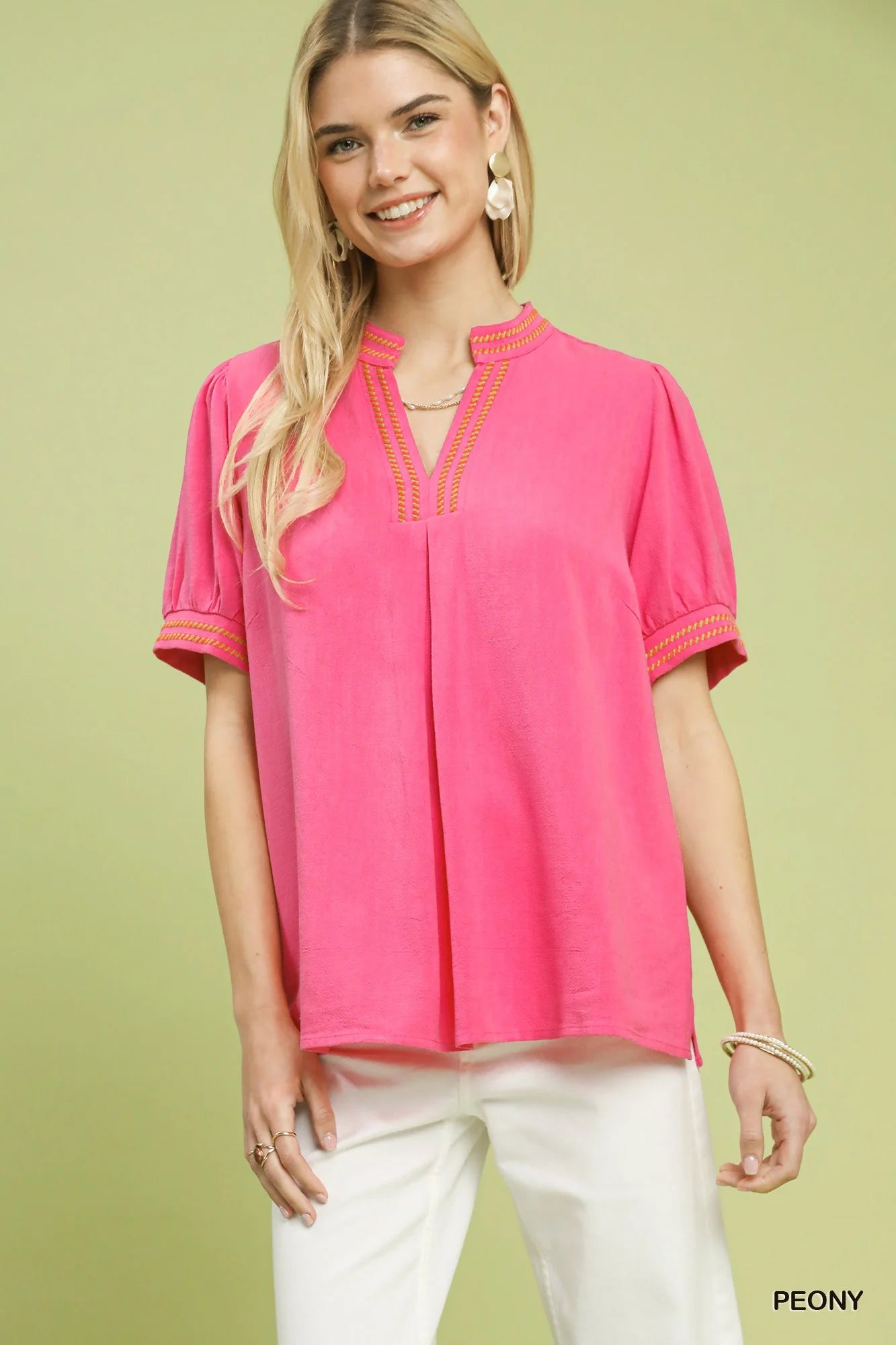 Umgee Embroidery Linen Puff Sleeve Blouse