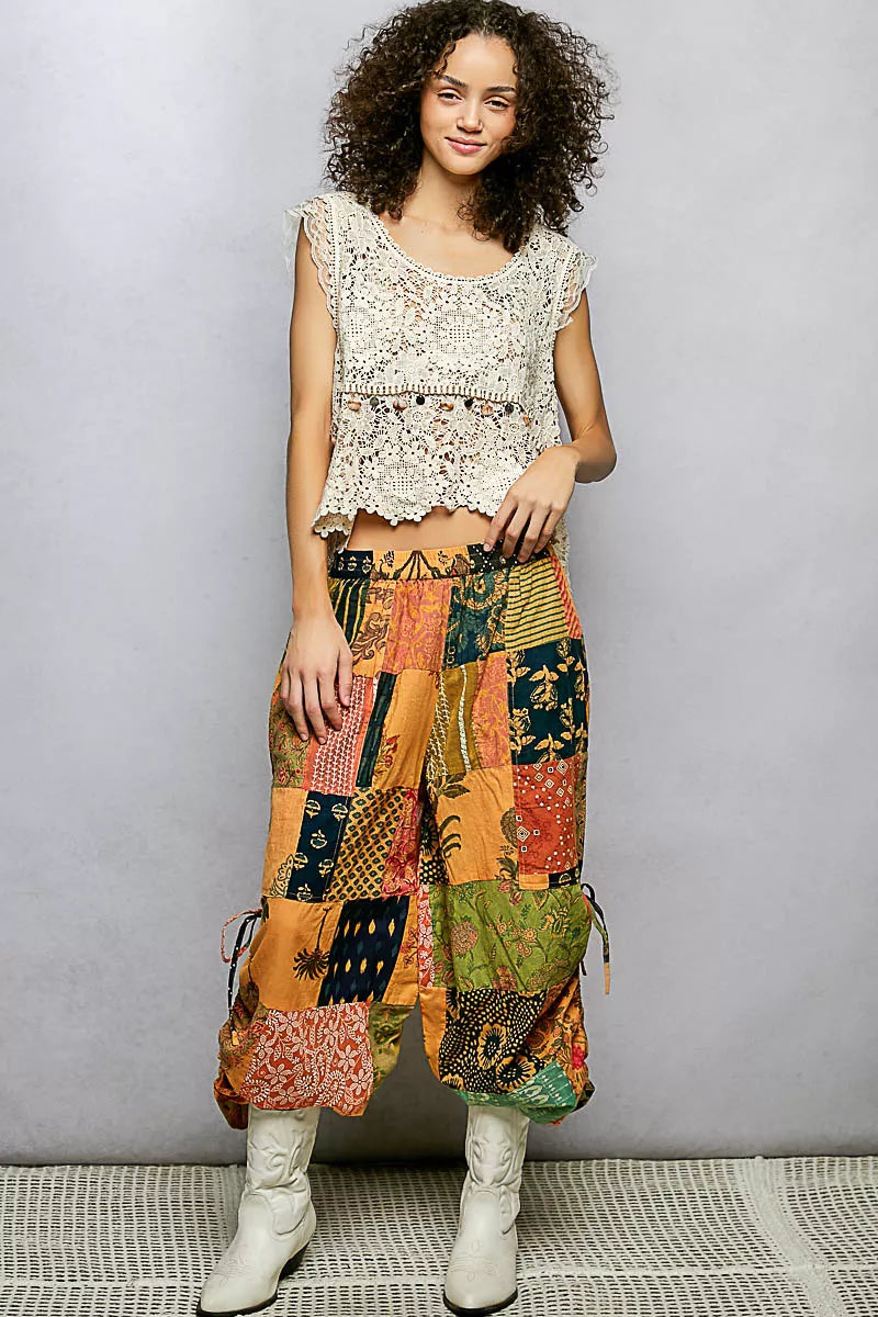 POL Printed Patchwork Wide Leg Pants with Adjustable Side Drawstring