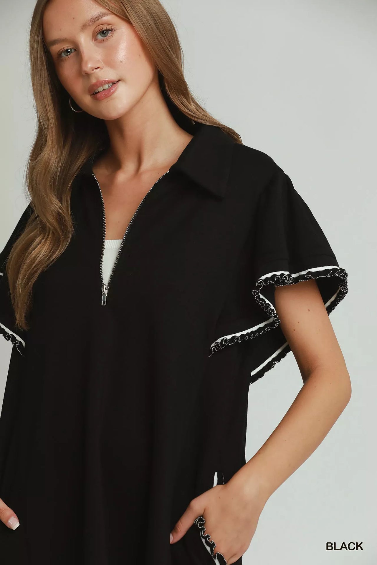 Umgee Half Zip Ruffle Rib Band Butterfy Sleeve Mini Dress with Pockets