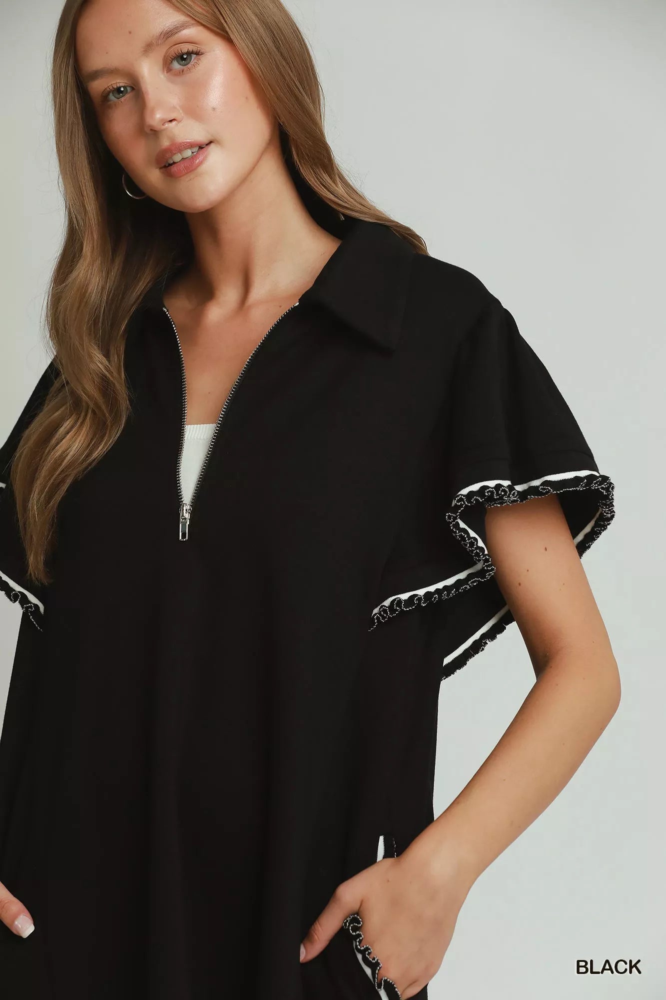 Umgee Half Zip Ruffle Rib Band Butterfy Sleeve Mini Dress with Pockets