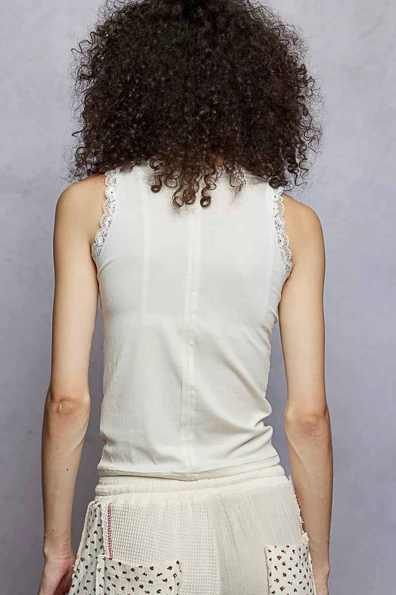 POL Round Neck Cropped Tank with Lace Trim