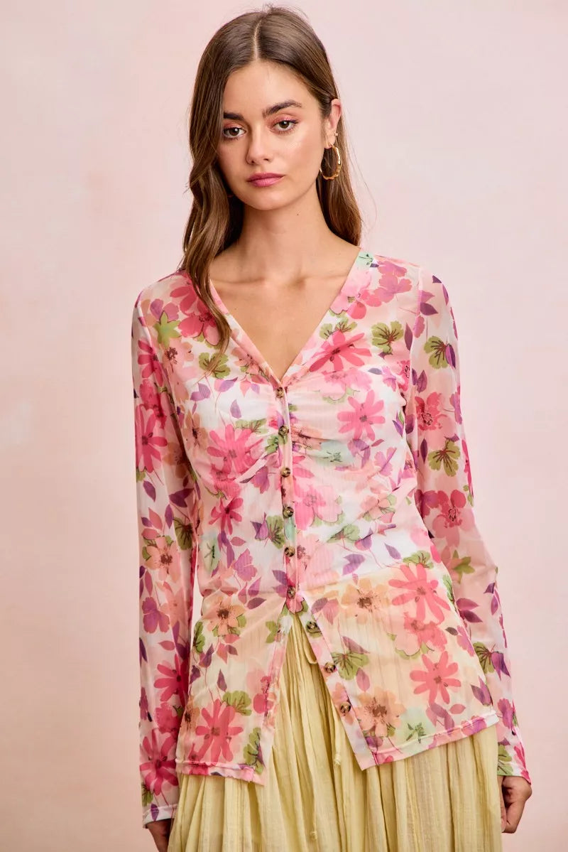 BiBi Floral Shrried Detail Button Up Mesh Cardigan Top