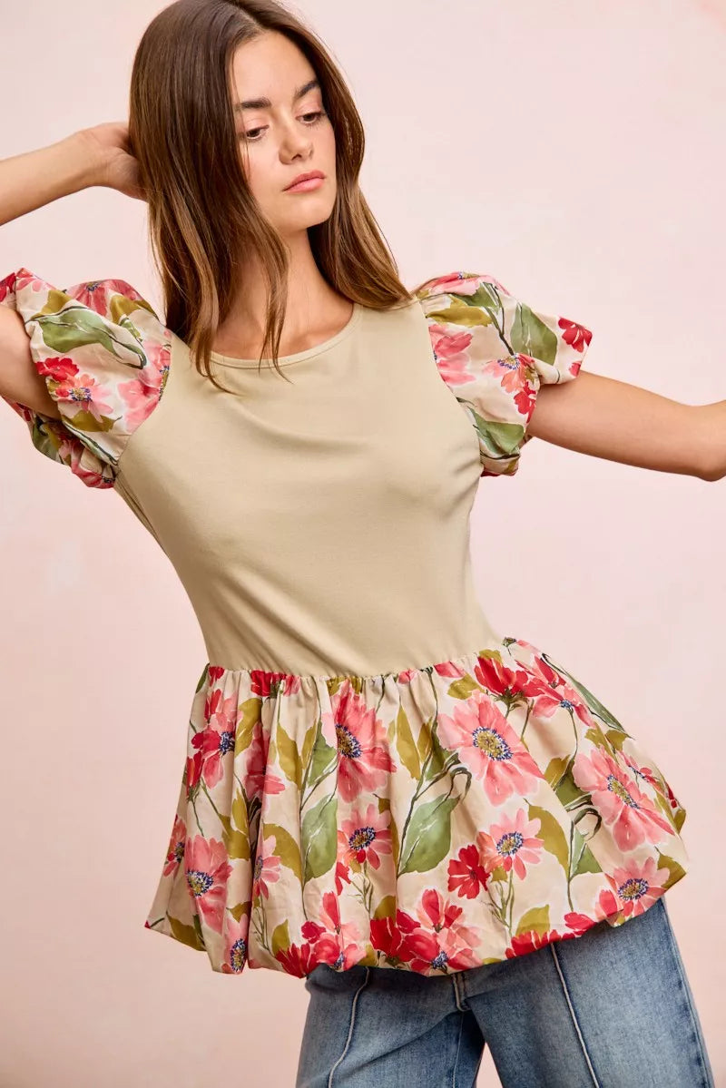 BiBi Floral Printed Bubble Sleeves and Hem Peplum Top