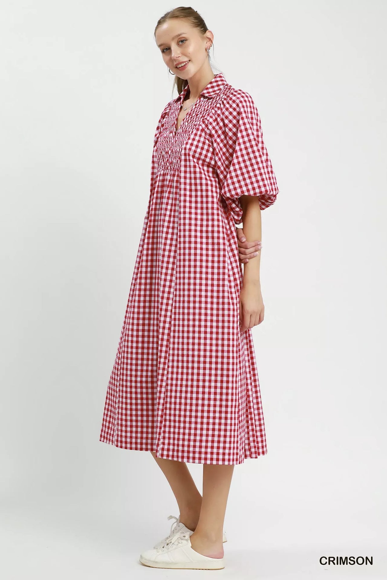Umgee Puff Sleeve Plaid Midi Dress