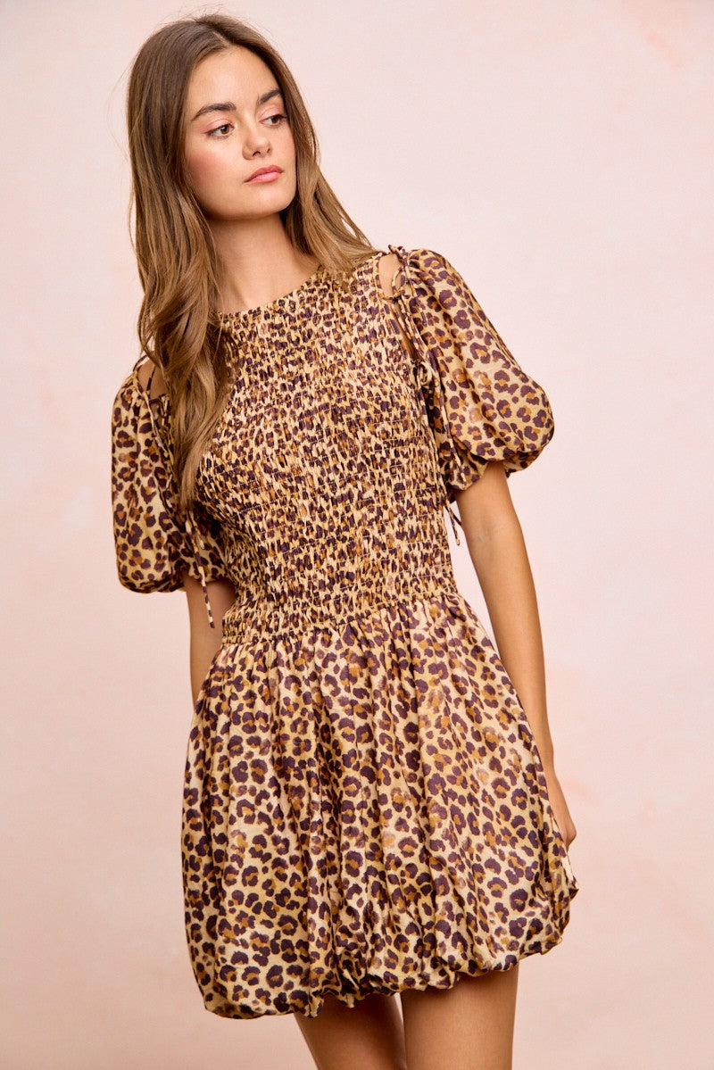 BiBi Leopard Bow Tie Attachable Puff Sleeves Dress