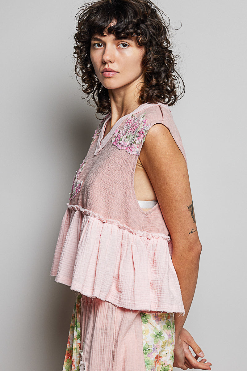 POL Floral Patch Ruffled Sleeveless Top with Raw Edge Detail