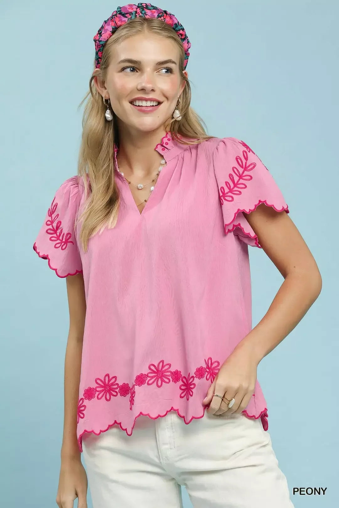 Umgee Embroidered Scallop Top
