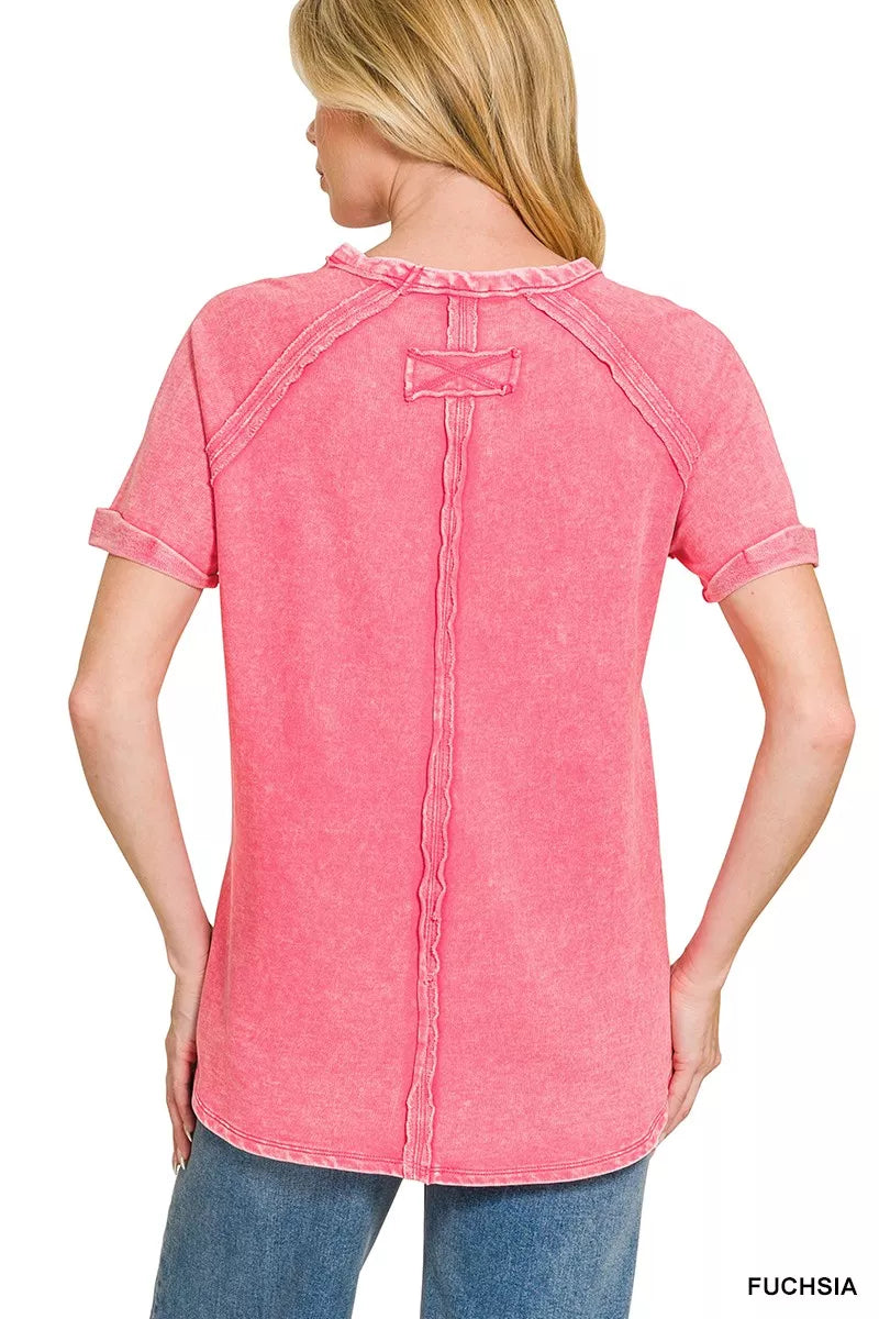Zenana French Terry Washed Curved Hem Top