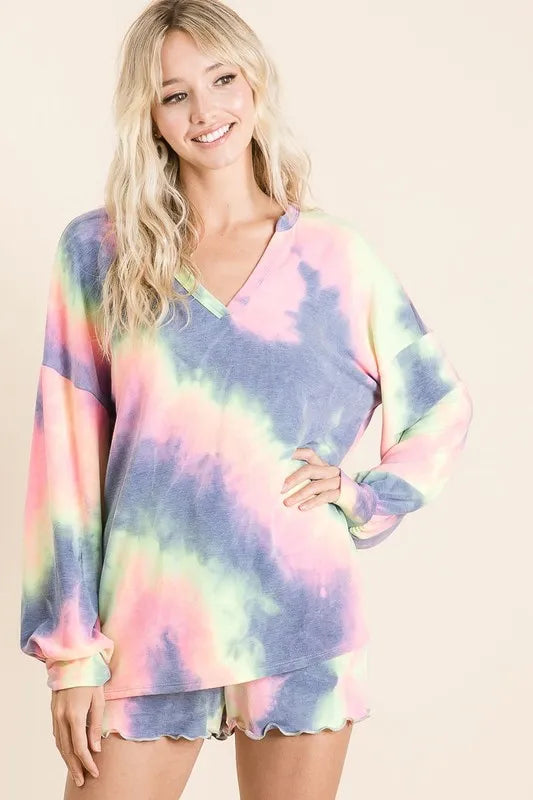 BiBi Tie Dye French Terry Top With Balloon Sleeves