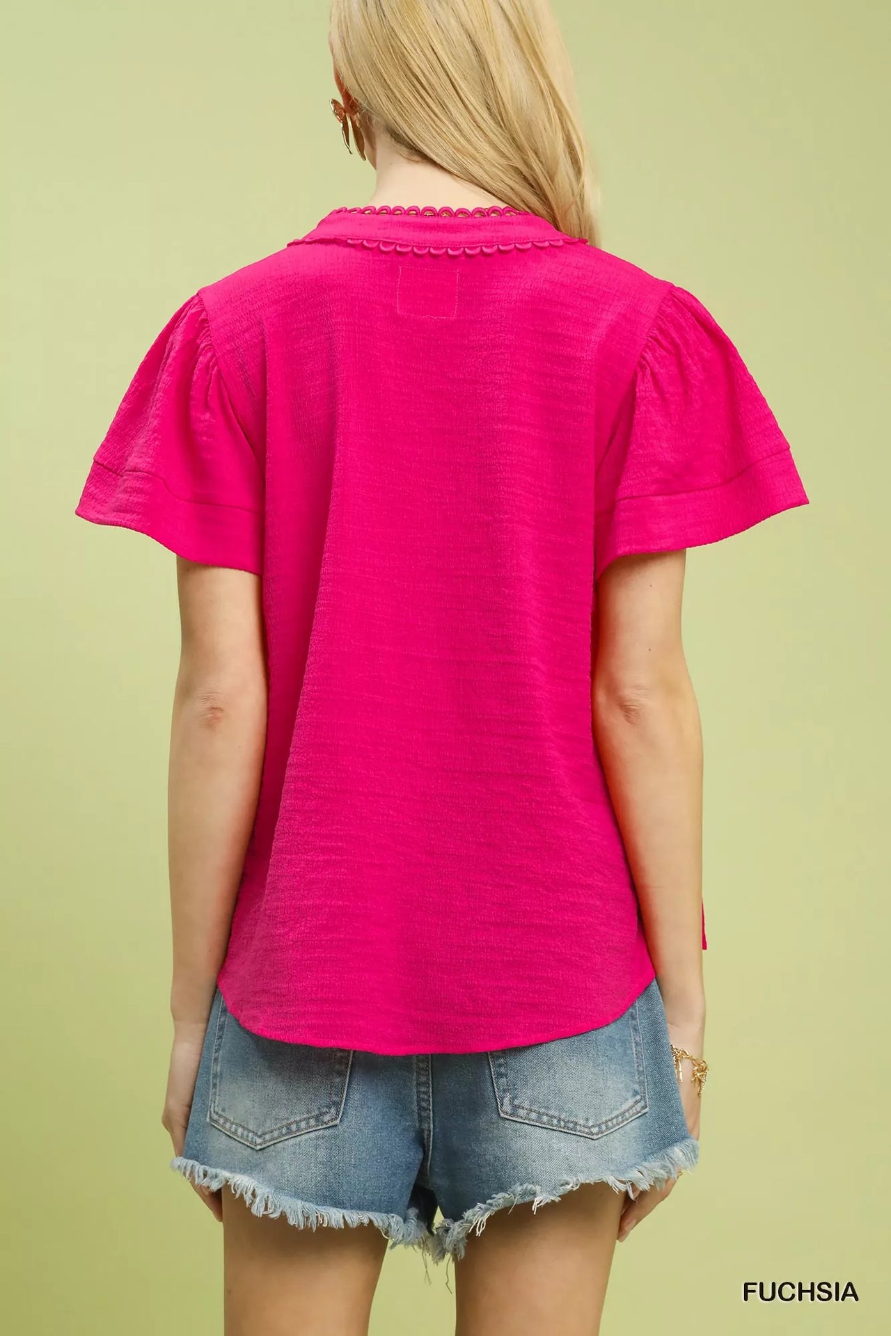 Umgee Seersucker Short Sleeve Top with Lace Trim