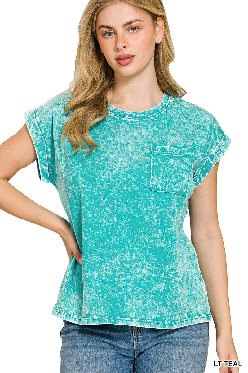 Zenana Full Size Crinkle Washed Round Neck Folded Short Sleeve Tee Plus Size
