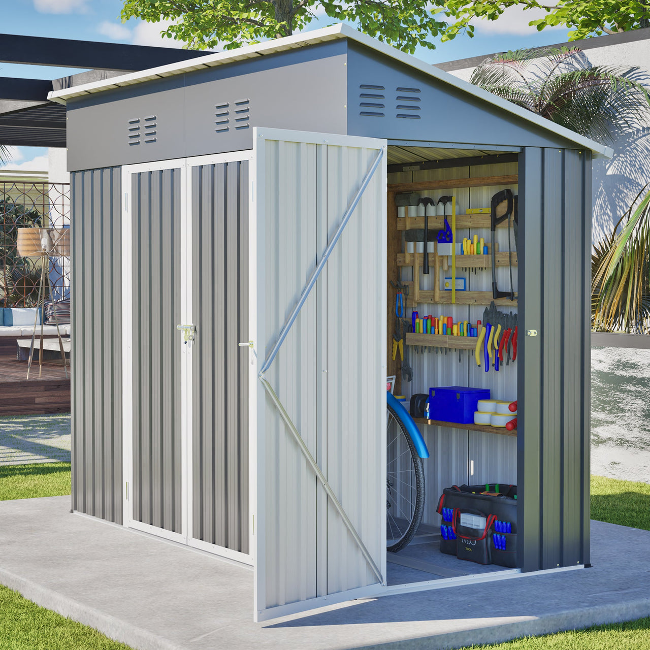 4x8 Slope-Roof Reinforced Storage Shed with Weatherproof Sloping Roof & 4 Air Vents, Heavy-Duty Sturdy Metal Frame, Left/Right Optional Door, Outdoor Tool Shed Warehouse for Garden Storage Pet House