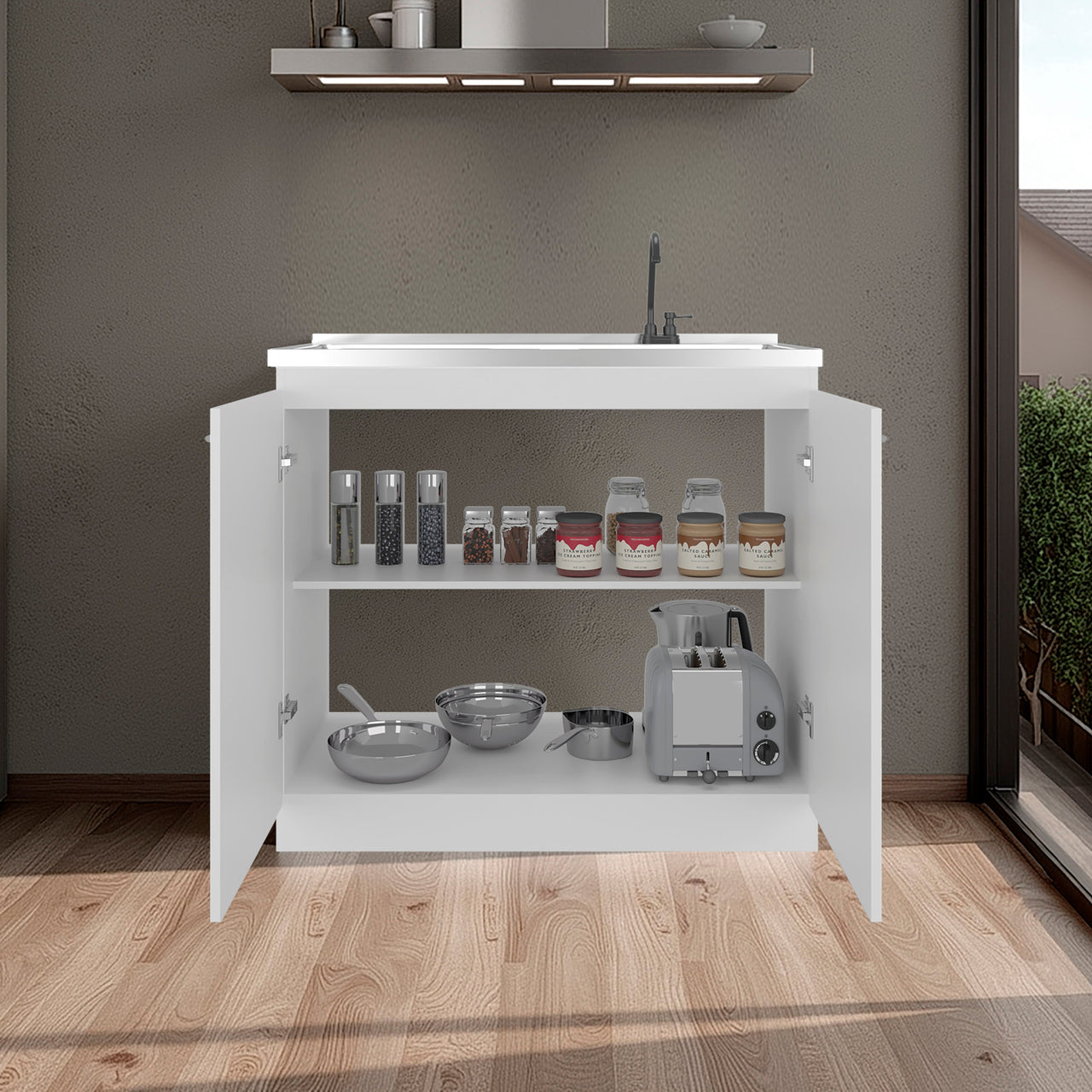 Napoles Utility Sink with Faucet Inclued and Integrated Stainless Steel Counter top, Freestanding cabinet with two doors, Metal Handles and Two interior shelves, White
