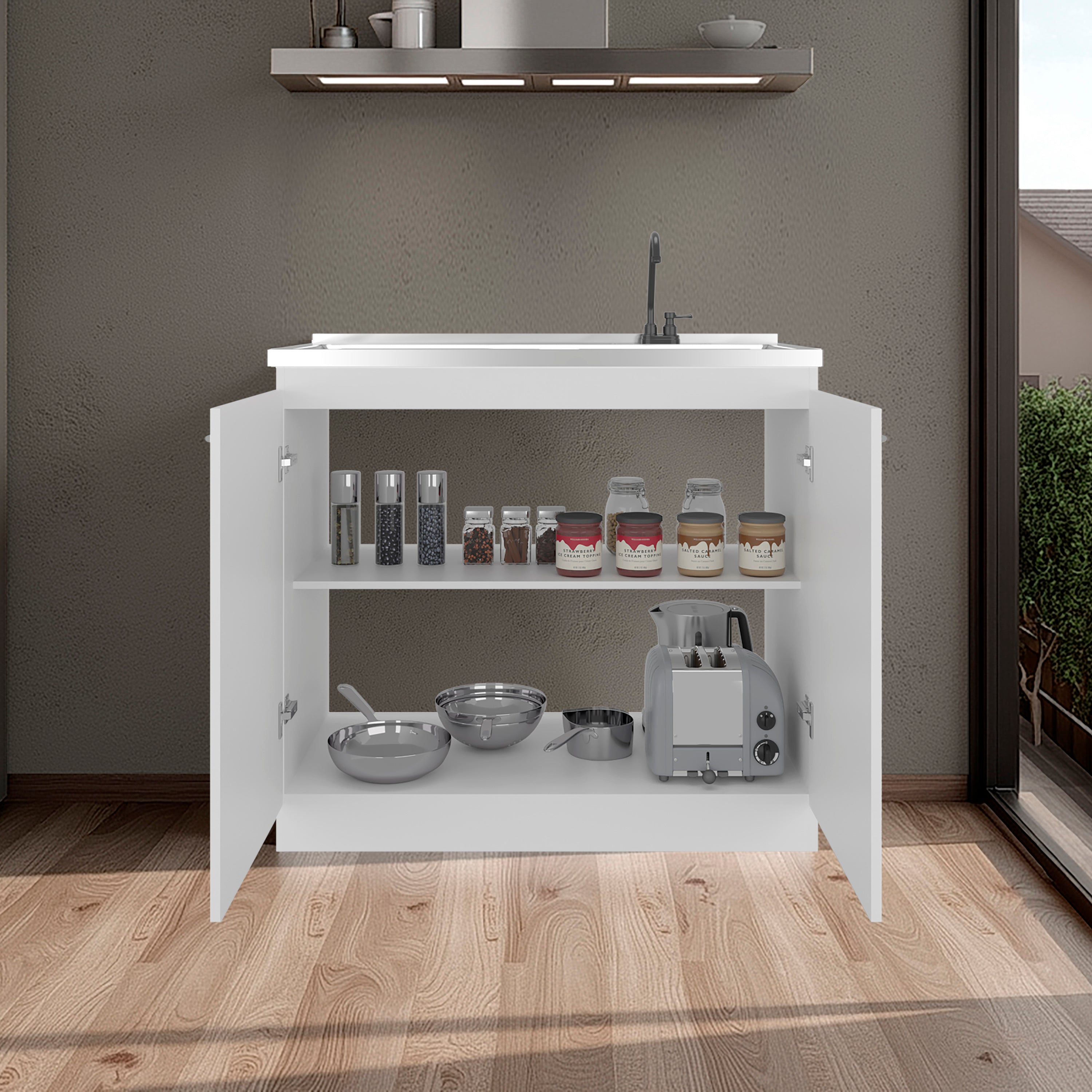 Napoles Utility Sink with Faucet Inclued and Integrated Stainless Steel Counter top, Freestanding cabinet with two doors, Metal Handles and Two interior shelves, White