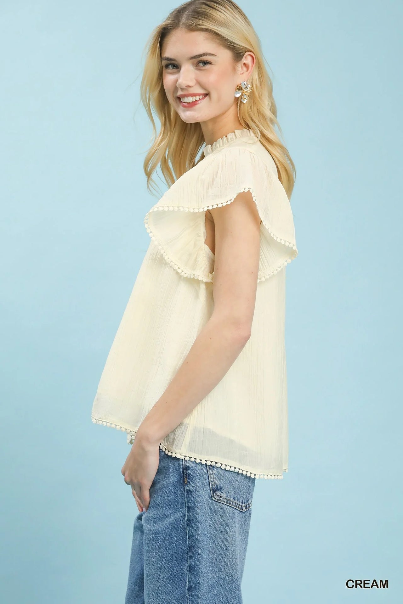 Umgee Flutter Sleeve Relaxed Top with Trim Detail