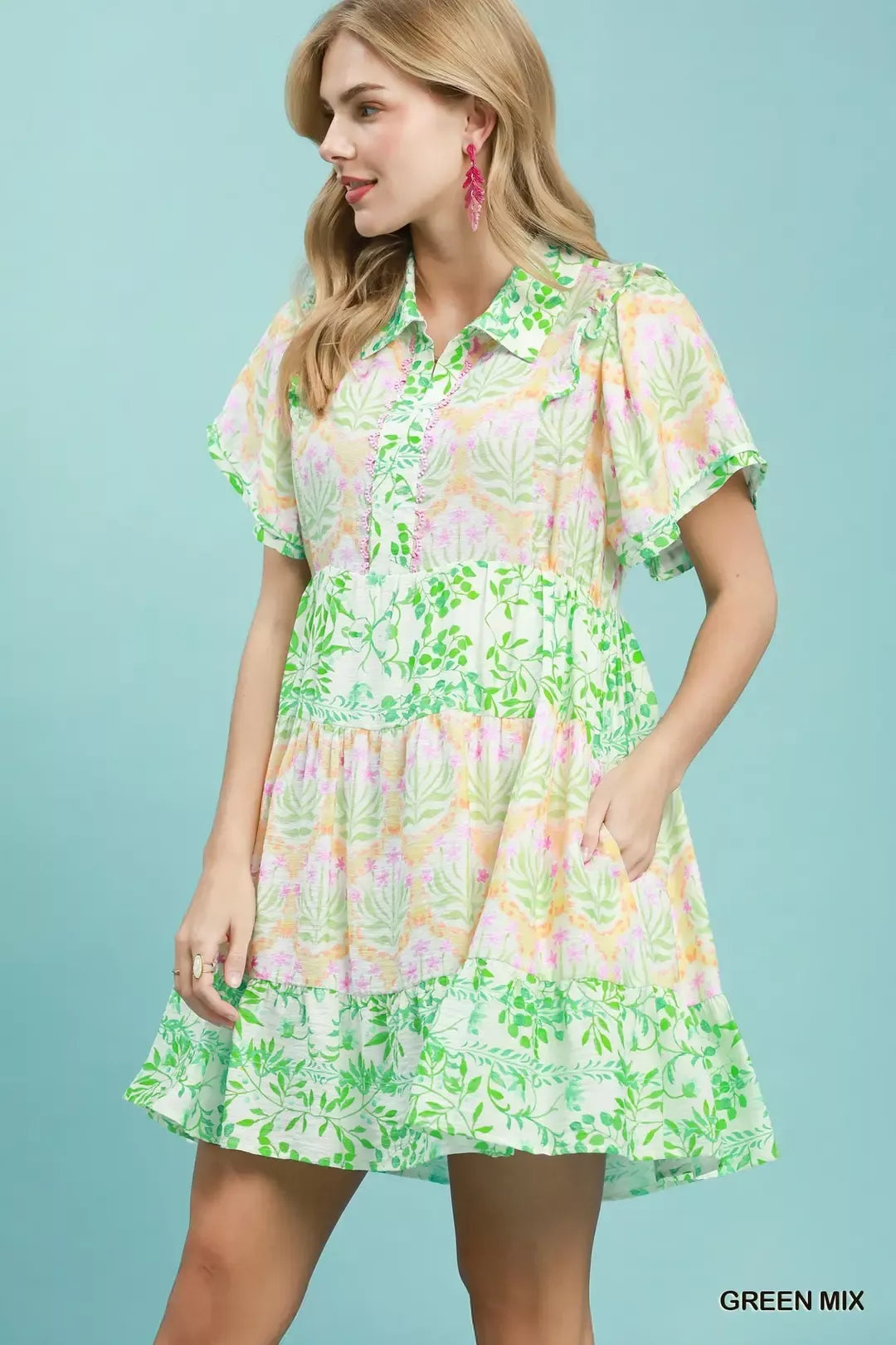 Umgee Mixed Floral Tiered Mini Dress with Flutter Sleeves