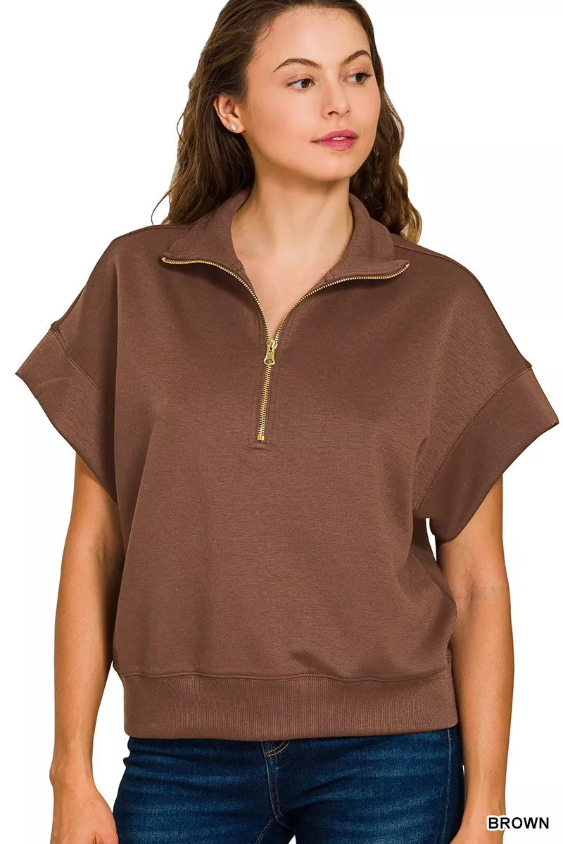 Zenana Full Size Scuba High Neck Half Zip Short Sleeve Top Plus Size
