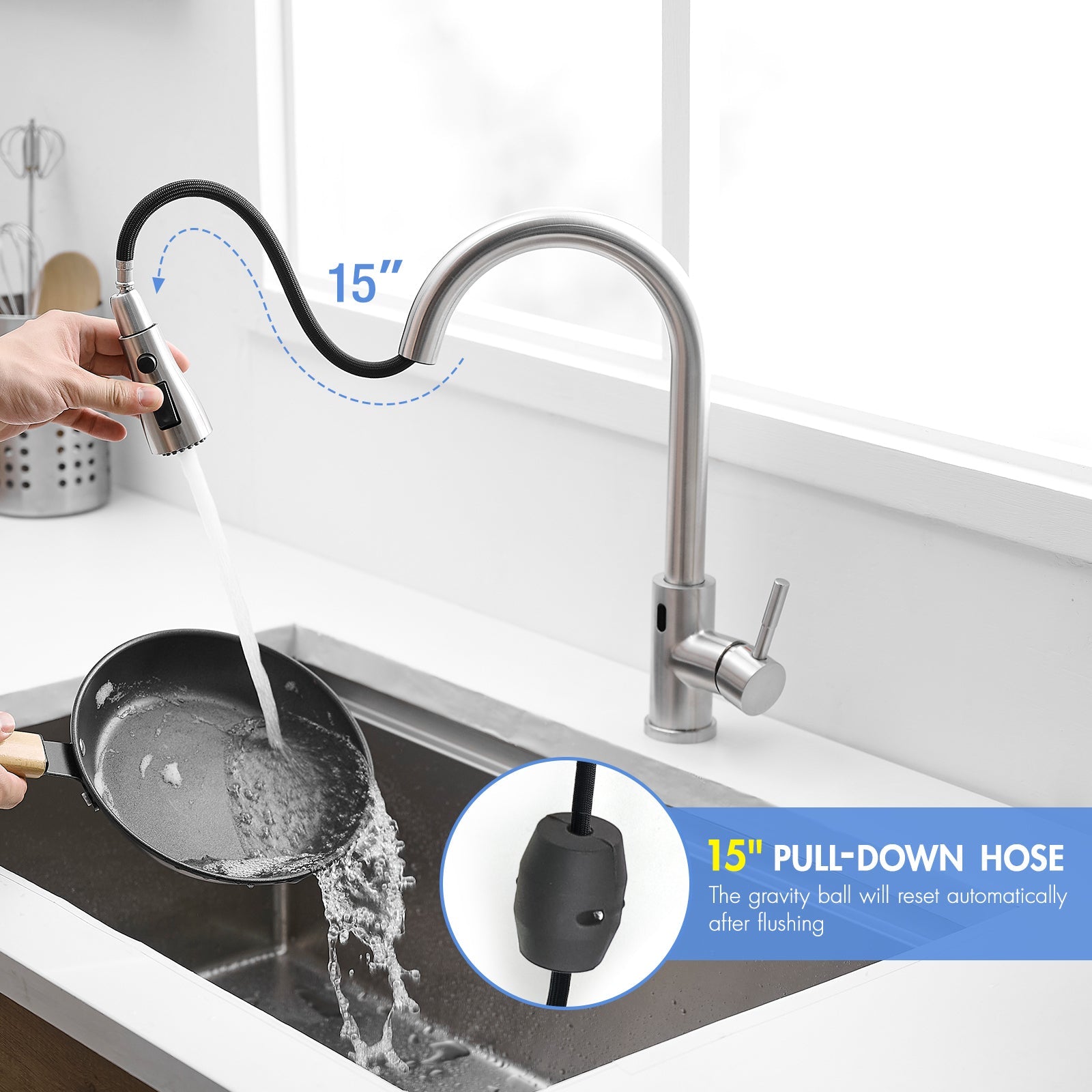 Touchless Kitchen Faucet, Hands Free Automatic Smart Kitchen Faucet, Stainless Steel Touchless Kitchen Faucet