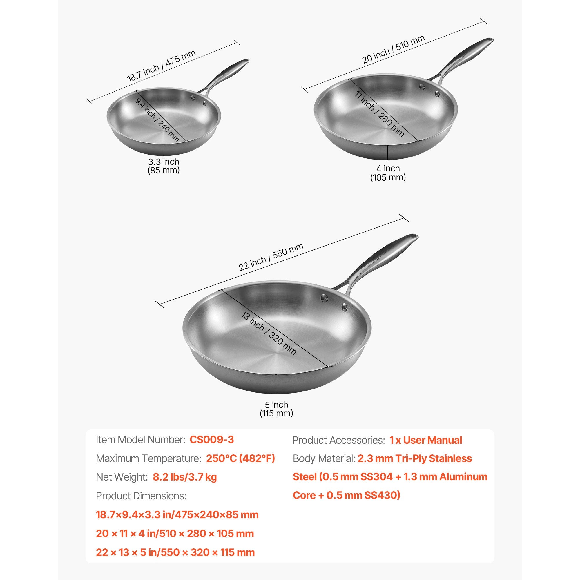 Triply Stainless Steel Frying Pan 3 Pcs Skillet 8 10 12 in for Dishwasher Silver